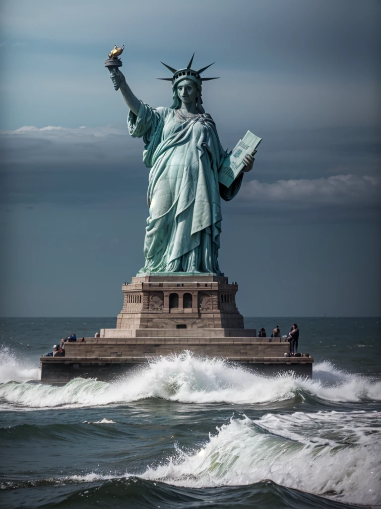 (lady-liberty), The Liberty Statue in pieces outdoor in the sea. The statue has fallen and lies in pieces. The head emerges from water, the arm emerges from sea-water. The statue is surrounded by mist, evoking a mysterious and eerie atmosphere. The lighting is dark and atmospheric, with a red smoke adding a touch of sinister ambiance. The image is of the best quality, with a resolution of 4k and HDR enhancement, showcasing the utmost level of detail and realism. analog photography, high quality textures. Clear blue cloudy sky. photorealistic shot, water effects, ripple effects, (flower effects: 0.65), light effects