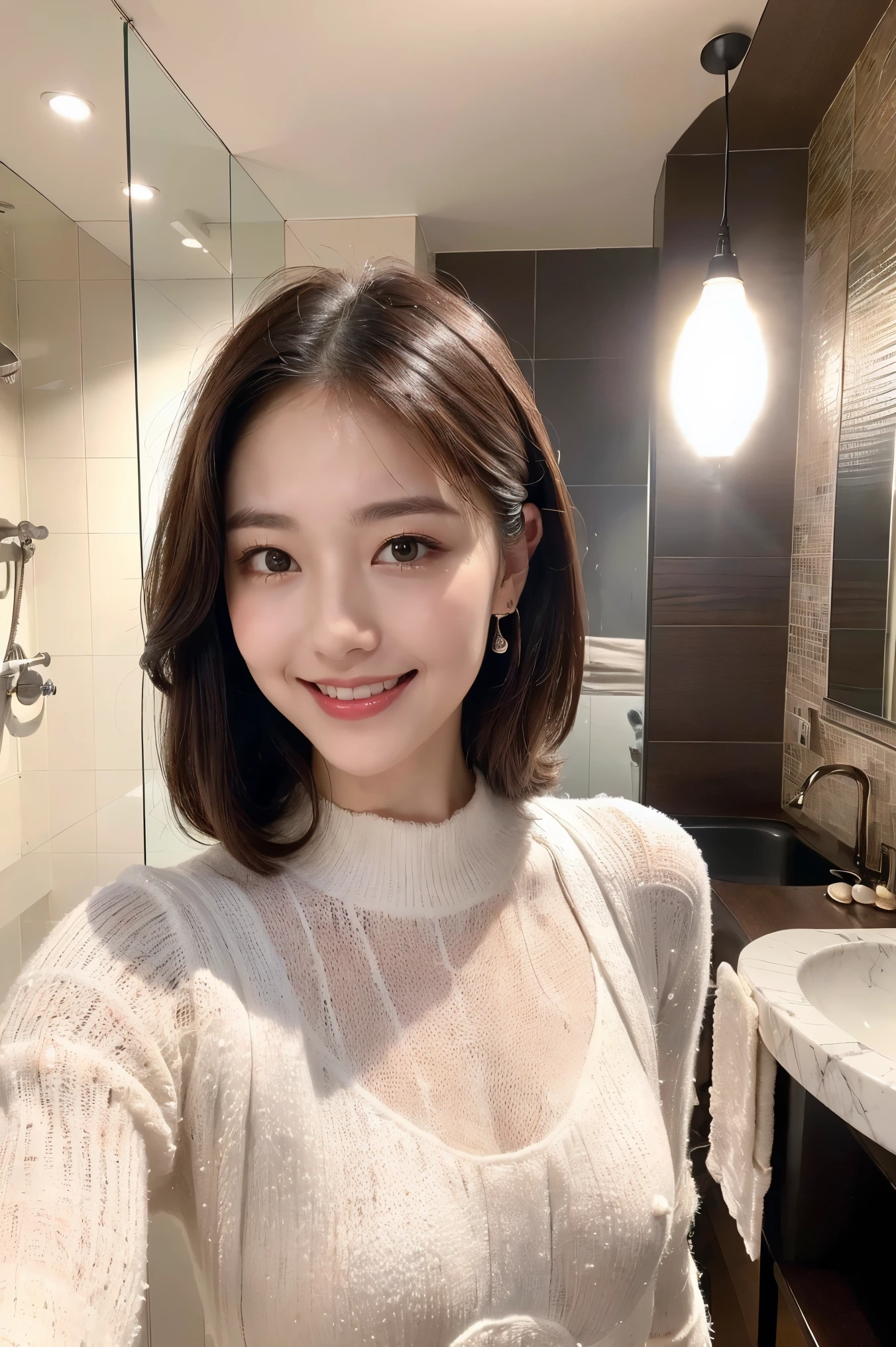 cute, (cute 1girl:1.35, 20-year-old), realism, (High resolution), ((Chiaroscuro, ray tracing lighting)), ((Highest quality realistic textured skins)),((Highest quality realistic textured hair)), ((The most absurd quality: perfect body)), ((Small Head:1.3)), slim and muscular body, ((Perfect balance)), ((Anatomically correct)), ((Perfect Dynamic Posture, Super K-Pop Idols)), ((Highly detailed beautiful slim round face:1.3)), Light pale complexion, ((Highly detailed, clear and sharp perfect round realistic aqua_left eye:1.2)),  ((Highly detailed, clear and sharp, perfectly round and realistic crimson_right eye:1.2)),Detailed pupils, Best detailed lips, ((Perfect Professional Delicate Everyday Makeup)), ((Wearing a loose, fluffy white knit dress:1.3)), A close-up of her face, (Architectural masterpieces in the background, Victorian bathroom features modern nautical accents:1.25), ((A radiant smile, Happy atmosphere)), ((Perfect subtle everyday makeup)),
