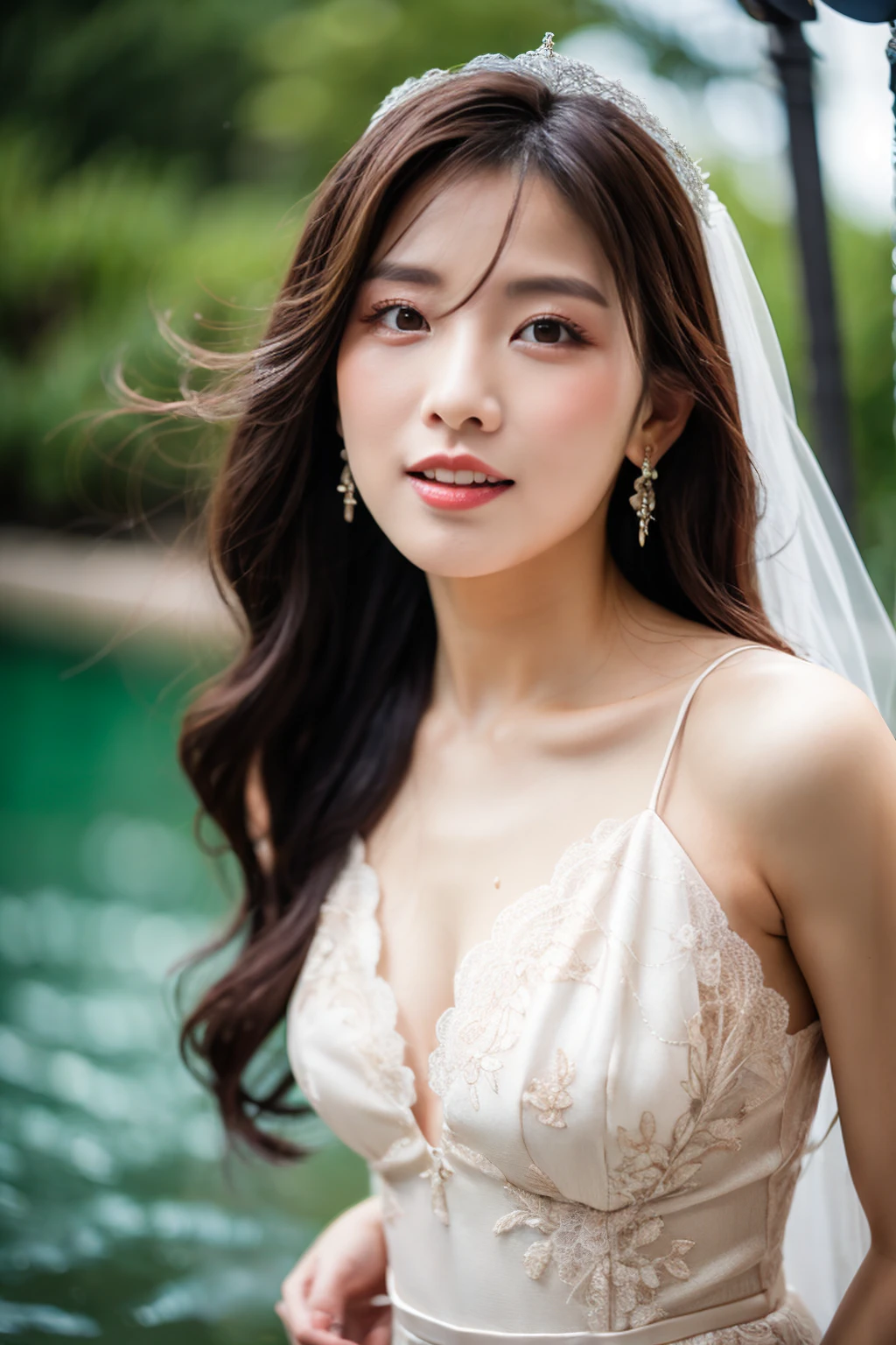 Erotic asian girl young and youth power bitchy face, muscular body, horny, doggy style intense, wedding dress made by water, clothes made by water, lace clothes made by water, analog lens concept studio, intense emotion heavenly body, intense happy