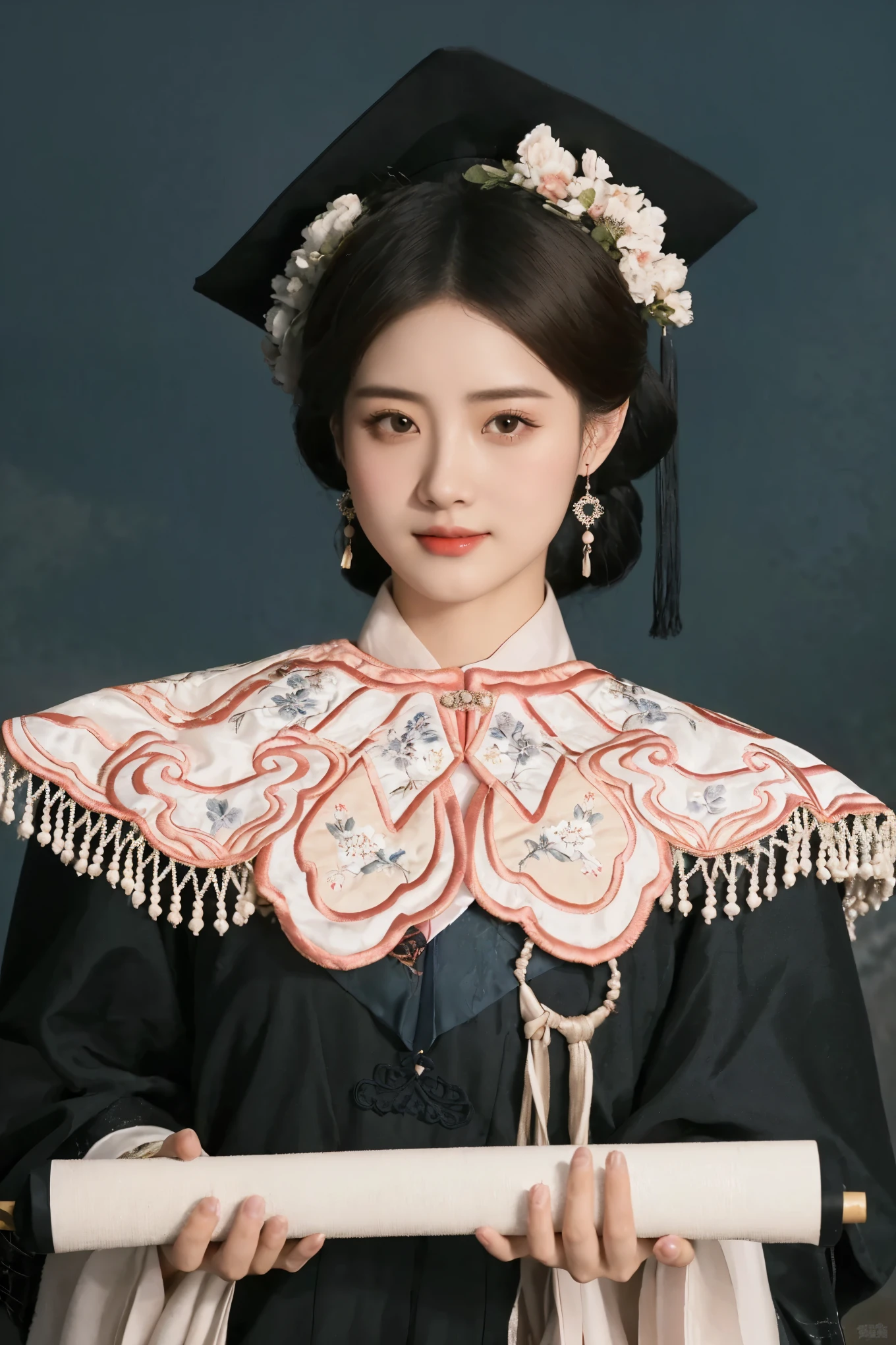 A woman in graduation gown、Close-up of woman holding fan, palace , a girl in Hanfu, , Hanfu, Wearing Chinese clothes, 穿着Chinese Clothing, Chinese Clothing, Traditional Beauty, white Hanfu, Chinese Princess, Traditional clothing, Traditional clothing