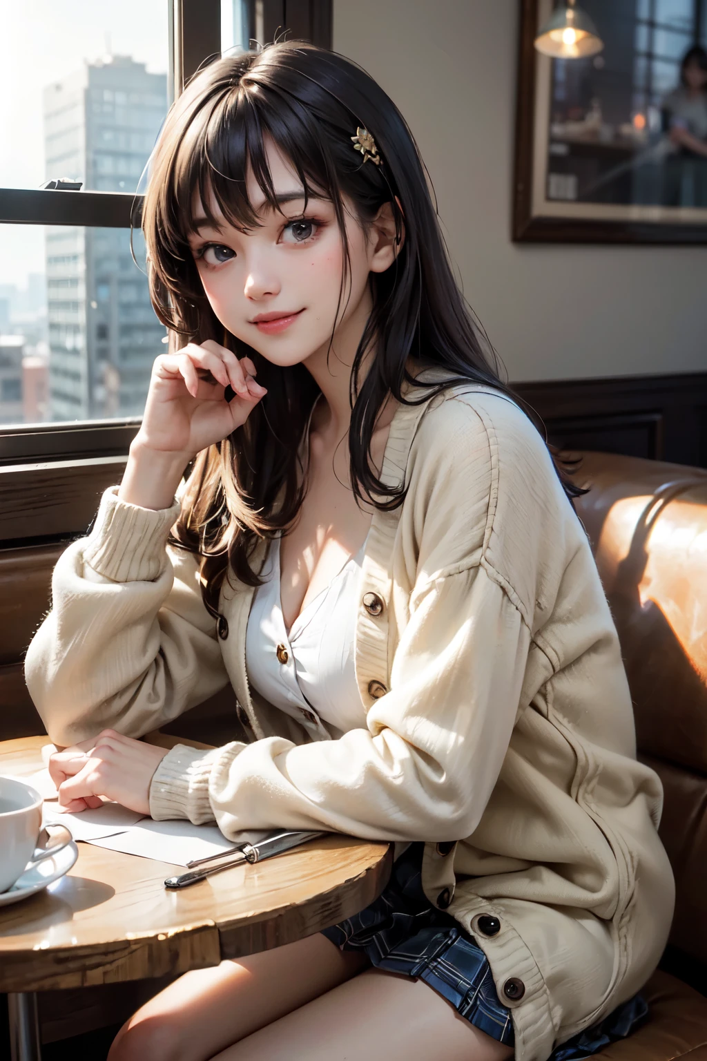 very cute and beautiful girl sitting in restaurant,(highly detailed beautiful face and eyes),
white blouse,(smile:1.25),happy,(beige cardigan) BREAK dynamic angle,hair ornament,black hair,pleated plaid mini skirt,
tea cups,(big hamburgers on paper plate),distant some persons at table,depth of field,
(best quality,masterpiece),absurdres,highres,ultra-detailed,extremely detailed,32k,8k resolution,
intricate details,cinematic scene,detailed background,solo,dynamic angle,