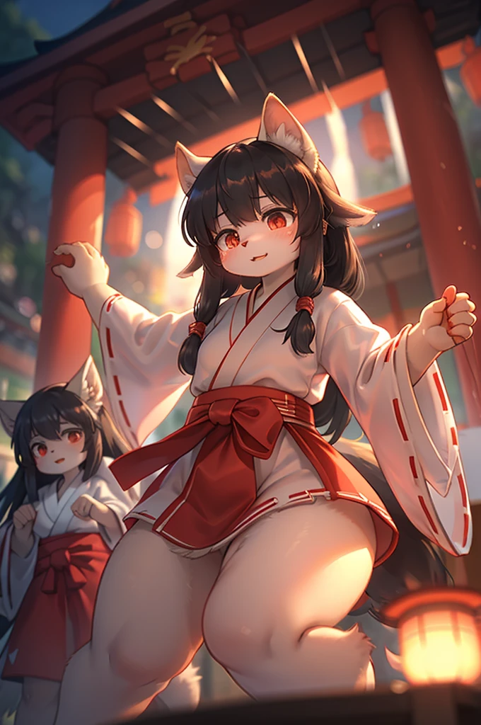 rear Bokeh , hairy fox girl , Short stature , realistic hairy fur , round face , Swollen cheeks , glossy lips , Childish hairstyle , Hair ties , Japanese festivals, hakata yamakasa , happi coats , fundoshi , summer sunny day , cumulonimbus , running , Crowds along the road