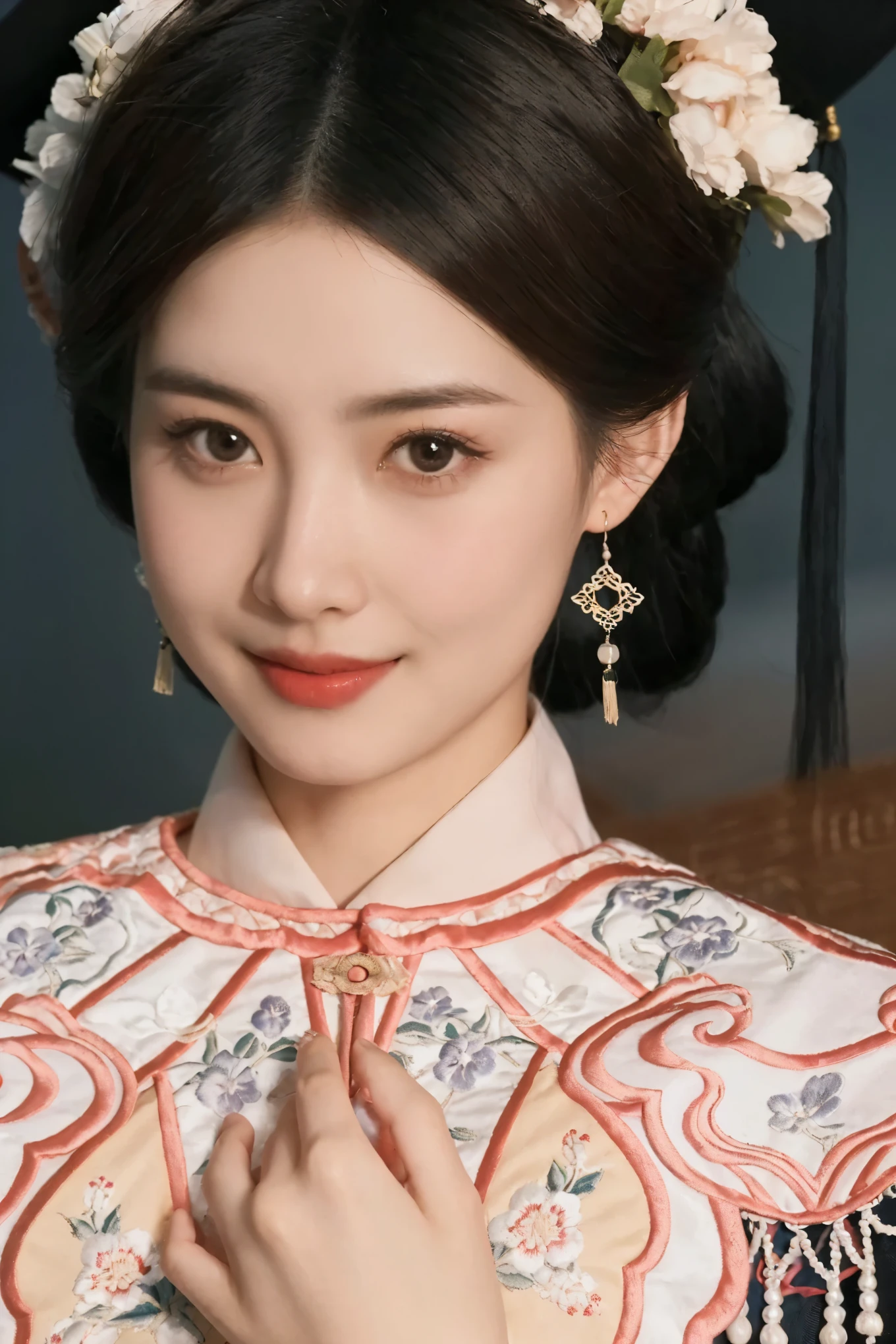 A woman in graduation gown、Close-up of woman holding fan, palace ， a girl in Hanfu, , Hanfu, Wearing Chinese clothes, 穿着Chinese Clothing, Chinese Clothing, Traditional Beauty, white Hanfu, Chinese Princess, Traditional clothing, Traditional clothing