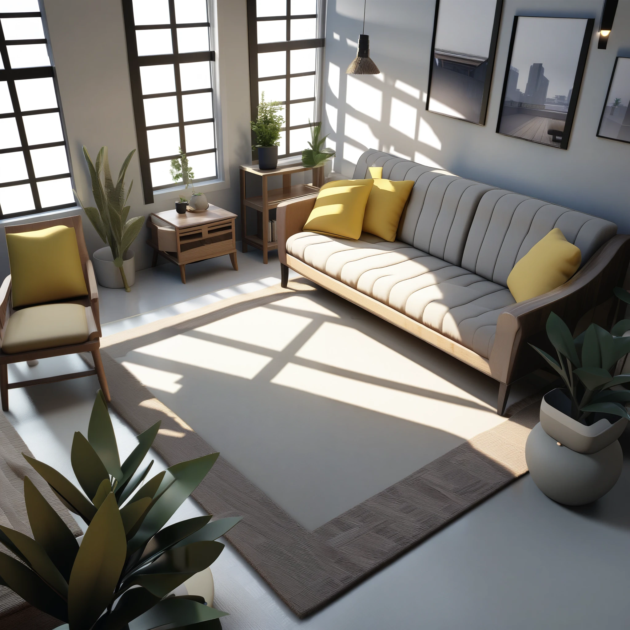 Very detailed dollhouse, cozy bedroom, Cute 3D rendering, Fascinating light and shadow, White and yellow cushion, architecture, furniture, indoor, building, living room, room, rug, plant, Home Decor, sofa, Chair, interior design,