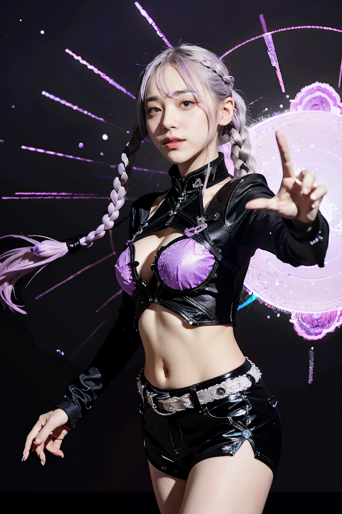 ((Couple with a girl:1.3)),Best Quality, Ultra High Resolution, Cute, (KPOP Idol), (Long Twintail), (Light Purple Hair:1), ((Big Eyes)), Looking at you,
BREAK ((upper body:1.3)), Front View,A character with long, flowing silver hair and a slender build, wearing a black and white outfit that includes thigh-high boots and gloves. The character is in a dynamic pose surrounded by ethereal purple crystals and energy,
The character is in a dynamic pose surrounded by ethereal purple crystals and energy,A character with long, flowing purple hair, wearing a metallic top and black shorts with thigh-high boots. The outfit includes straps and belts, giving it a futuristic or fantasy style. The character is in a dynamic pose with radiant light or energy surrounding them, set against a minimalistic abstract background,