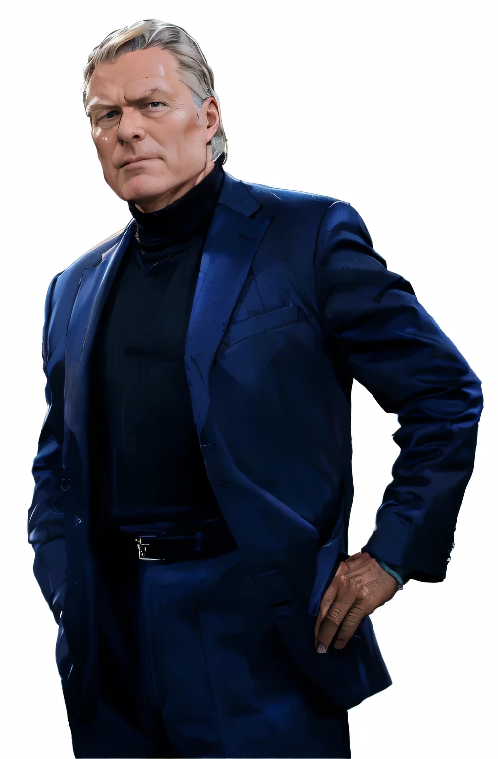 arafed man in a blue suit and black turtleneck standing with his hands on his hips, blue turtleneck, wearing a turtleneck and jacket, man in dark blue full body suit, [ cinematic, man in black suit, photograph of christopher walken, henrik fisker, jr ewing from dallas, portrait of saul goodman, anthony hopkins