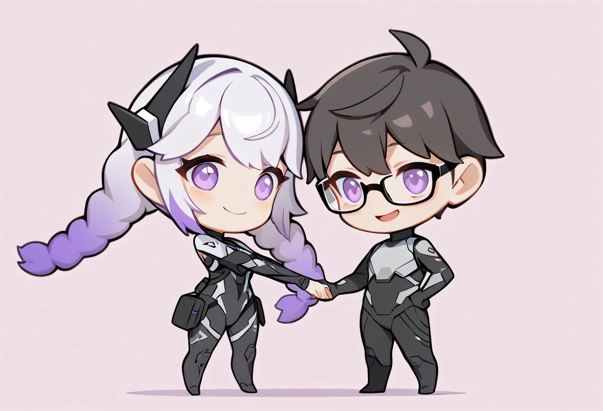 (masterpiece, best quality:1.2), 1girl and 1boy, {1girl, Black and white metallic hair accessories，blue-purple gradient hair tips，purple hair，twin braids} standing next to {1boy，black frame glasses,black short hair，white/black battle suit}，fullbody，hand in hand，chibi，anatomical correct:2，chibi,smile