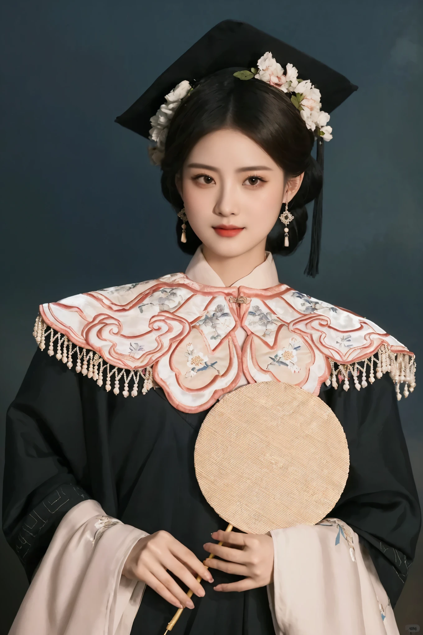 A woman in graduation gown、Close-up of woman holding fan, palace , a girl in Hanfu, , Hanfu, Wearing Chinese clothes, 穿着Chinese Clothing, Chinese Clothing, Traditional Beauty, white Hanfu, Chinese Princess, Traditional clothing, Traditional clothing