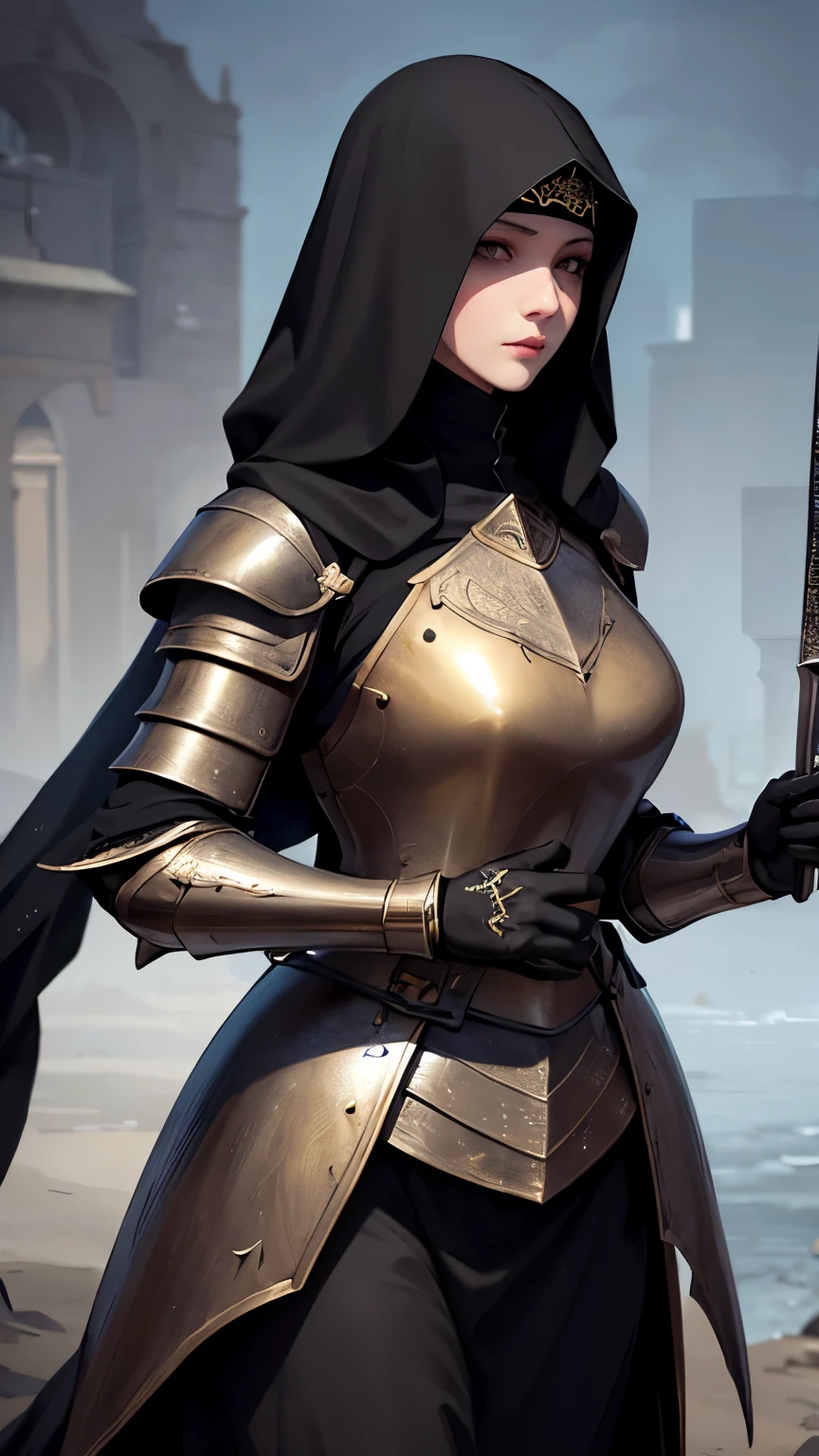 Realistic, High resolution, 1 girl, Hip Up, Long, straight black hair, Beautiful Eyes, Normal Breast, Dark Souls Style, armor, Black hijab, Black niqab, Gold embroidery, (((全身をarmor))),dagger
