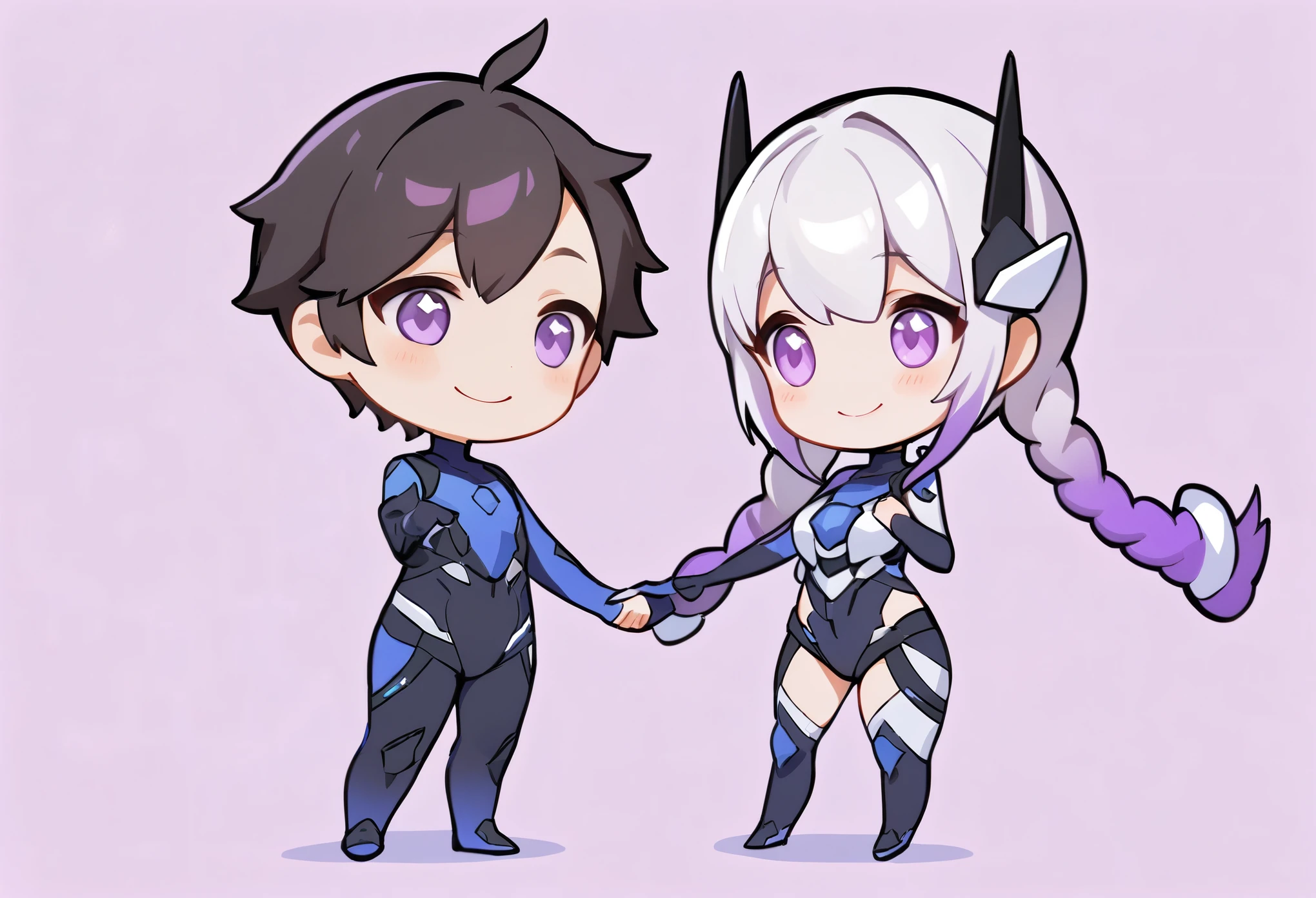 (masterpiece, best quality:1.2), 1girl and 1boy, {1girl, Black and white metallic hair accessories，blue-purple gradient hair tips，purple hair，twin braids} standing next to {1boy，black short hair，blue battle suit}，fullbody，hand in hand，chibi，anatomical correct:2，chibi,smile