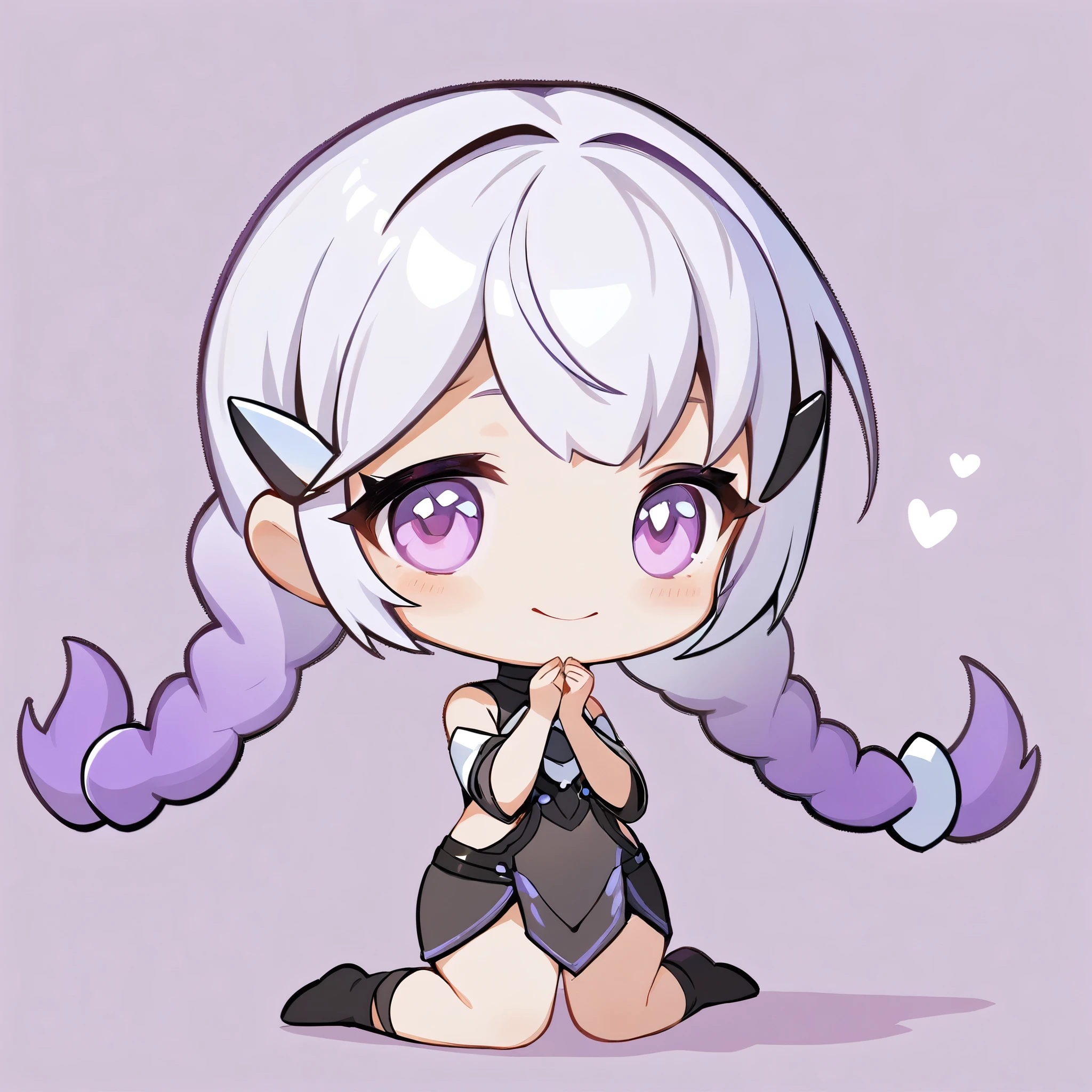 (masterpiece, best quality:1.2), 1girl, solo，Black and white metallic hair accessories，blue-purple gradient hair tips，purple hair，twin braids，fullbody，anatomical correct:2，chibi