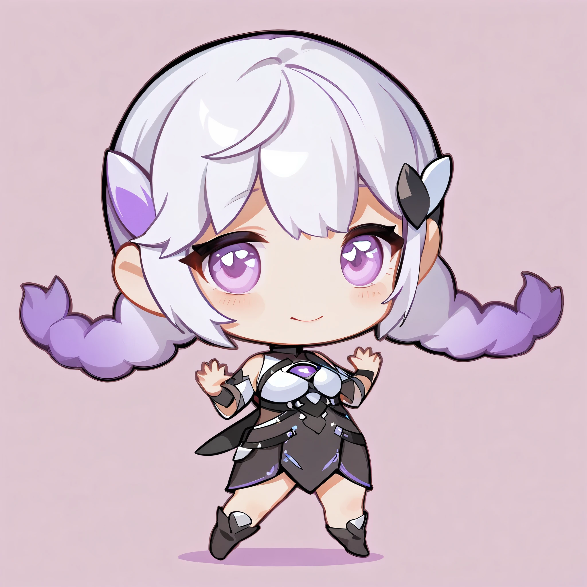 (masterpiece, best quality:1.2), 1girl, solo，Black and white metallic hair accessories，blue-purple gradient hair tips，purple hair，twin braids，fullbody，anatomical correct:2，chibi