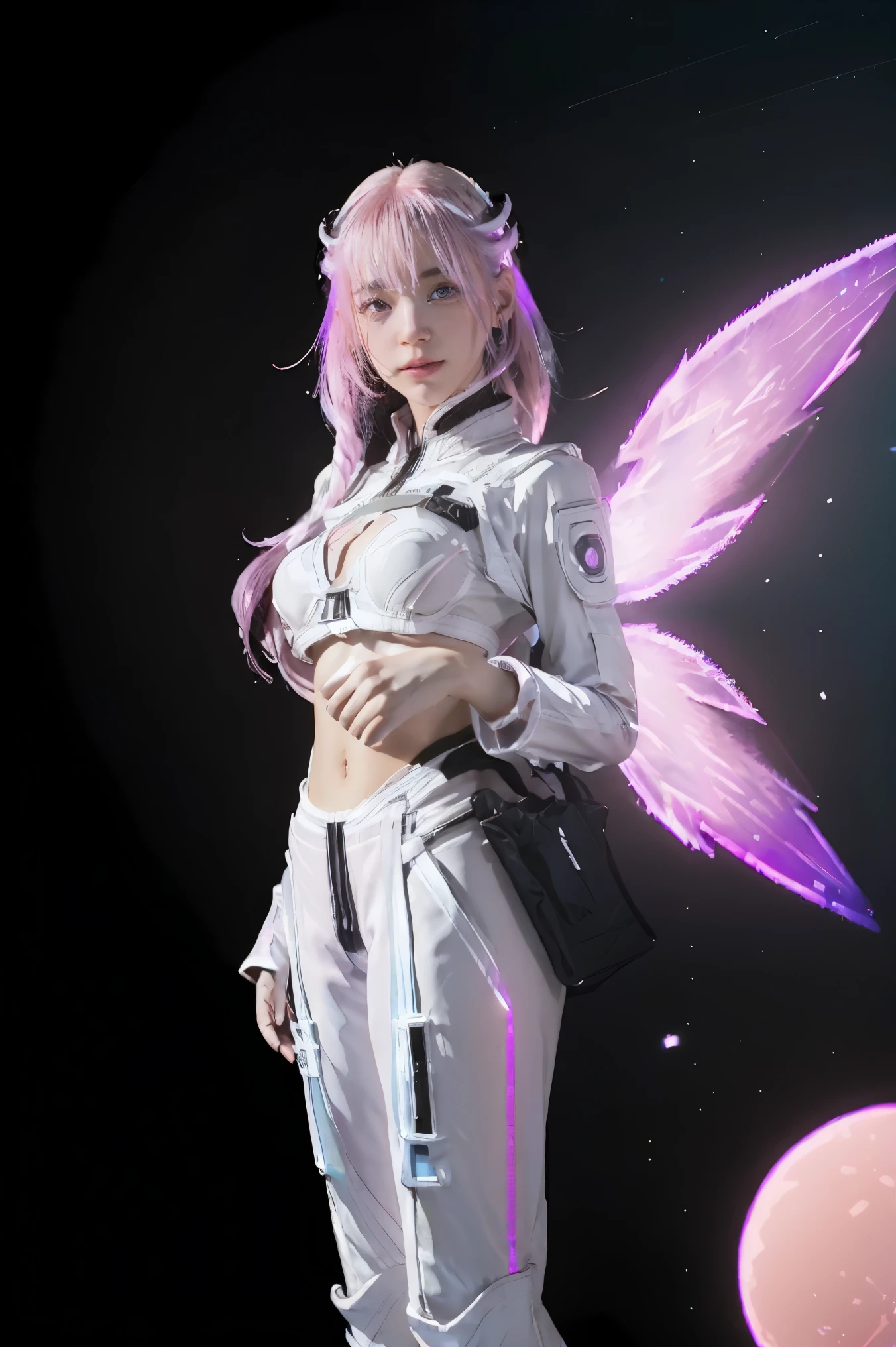 ((masterpiece, best quality, extremely detailed), volumetric lighting, ambient occlusion, colorful, glowing), 
1girl, solo, young girl, (pink hair), long hair, halo, aura, sacred, godness, cyber suit, (white outfit:1.3), android, bot, angel wings,
outdoors, sunset, sky, clouds, space, (cyberpunk theme:1.2),