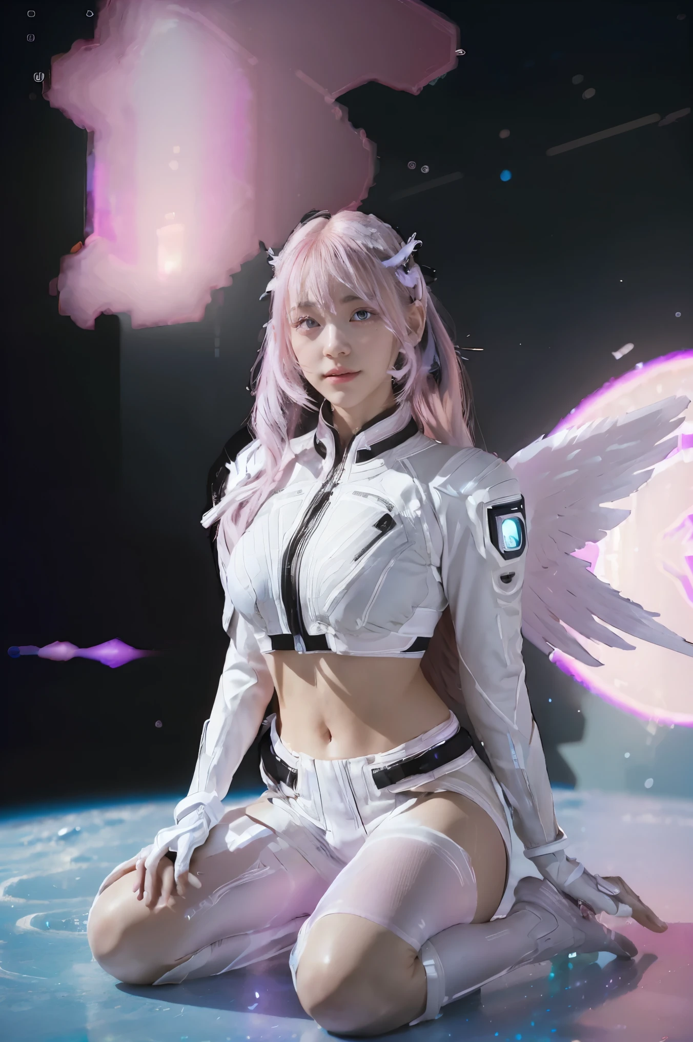 ((masterpiece, best quality, extremely detailed), volumetric lighting, ambient occlusion, colorful, glowing),
1girl, solo, young girl, (pink hair), long hair, halo, aura, sacred, godness, cyber suit, (white outfit:1.3), android, bot, angel wings,
outdoors, sunset, sky, clouds, space, (cyberpunk theme:1.2),