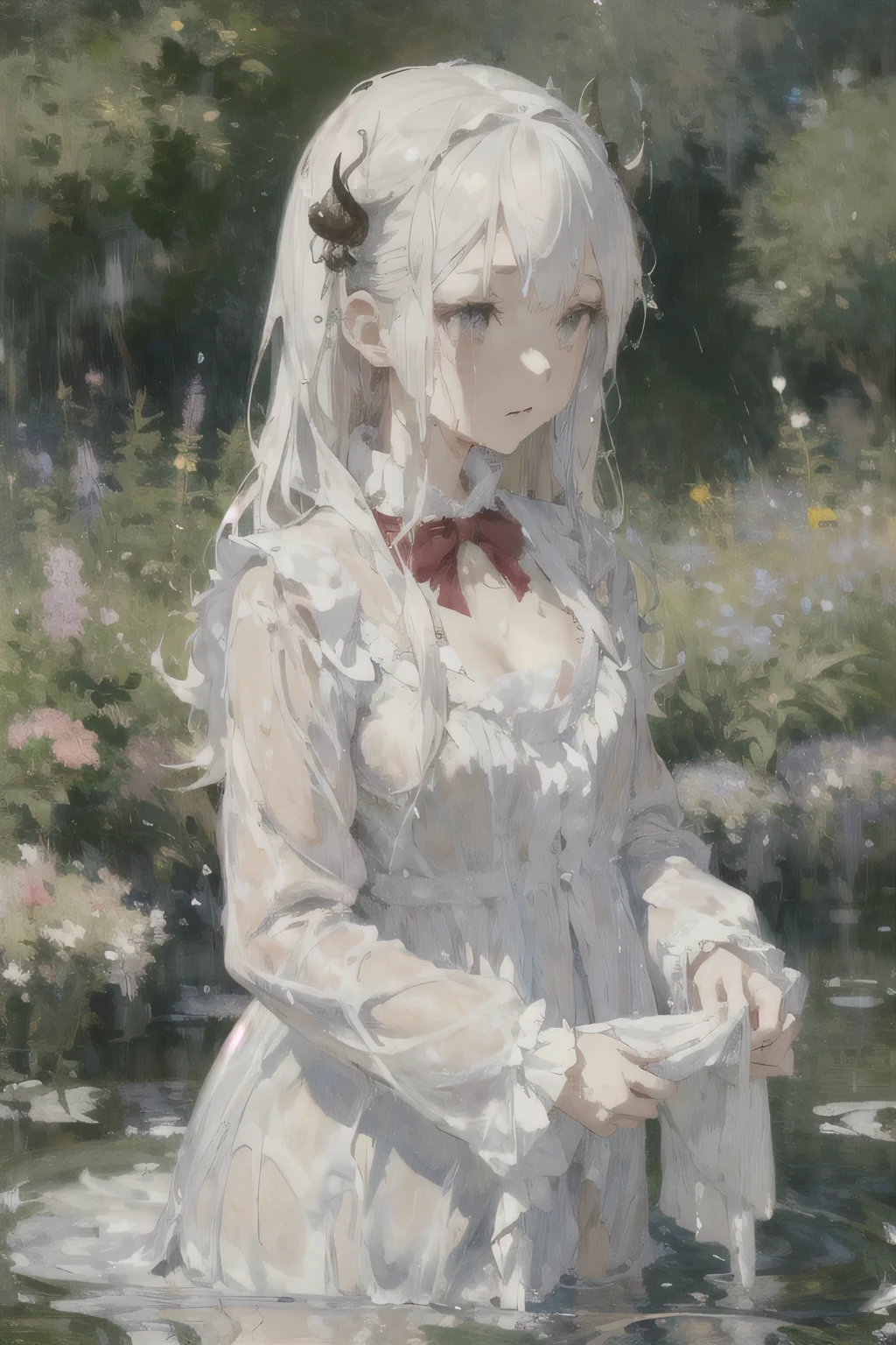 Cute anime girl with delicate features、She is a young girl with pure white eyes and white horns, Long white hair，Wearing a Lolita dress.(many, Impressionism, painting)、Disheveled、Clothing that fits snugly,Chest contour、(((Wet clothing))