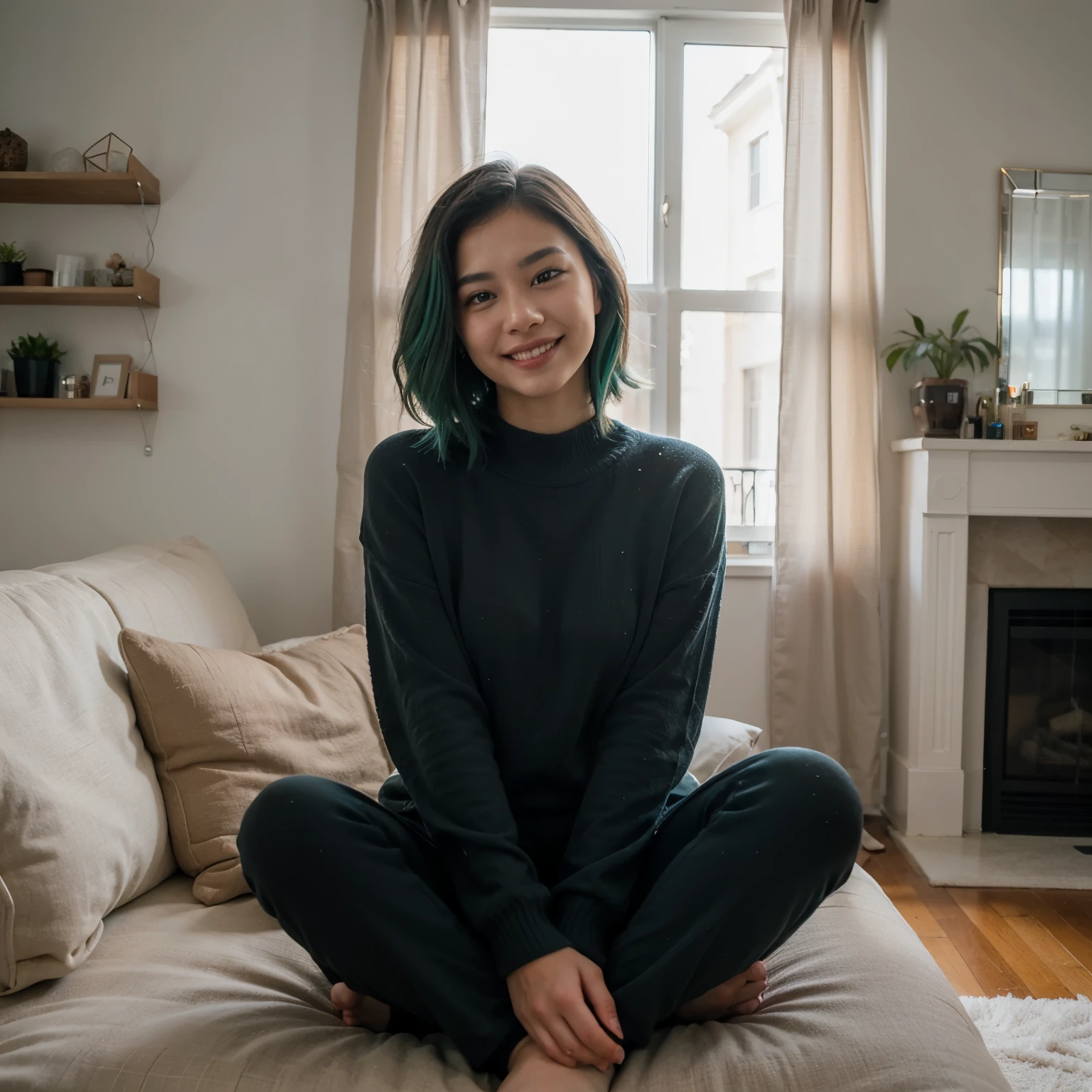 A stunningly cute 26-year-old Asian woman with smooth, glowing skin, short, teal green hair cut in a stylish bob, and sparkling brown eyes. She is at home, comfortably sitting on a cozy couch, wearing a chic black sweater and black pants that complement her vibrant hair color. Her smile is warm and inviting, exuding youthful energy and charm. The background includes a warm and inviting home interior with soft lighting, tasteful decor, and a relaxed, cozy atmosphere