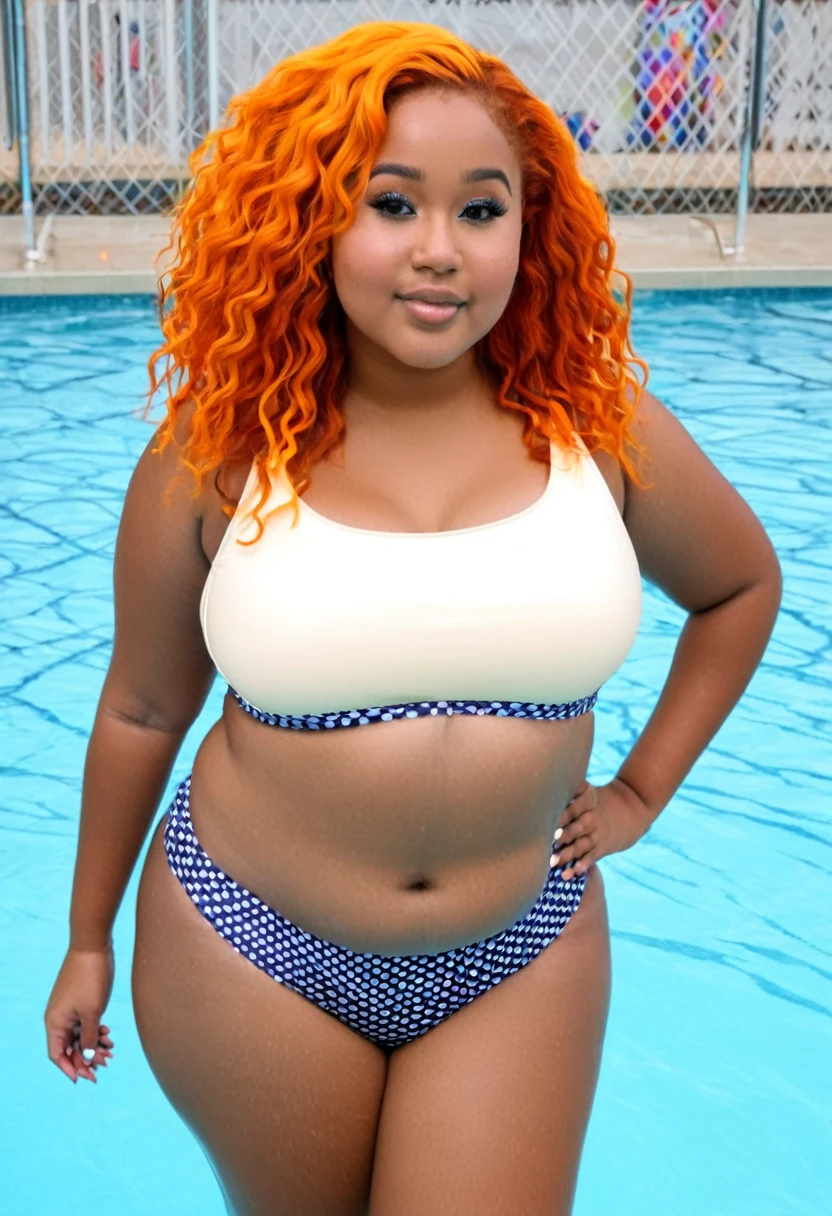 Black girl, 10 years, flat torso, chubby hips, chubby stomach, chubby, in school swimsuit, in school pool, curvy orange hair, wet body,
