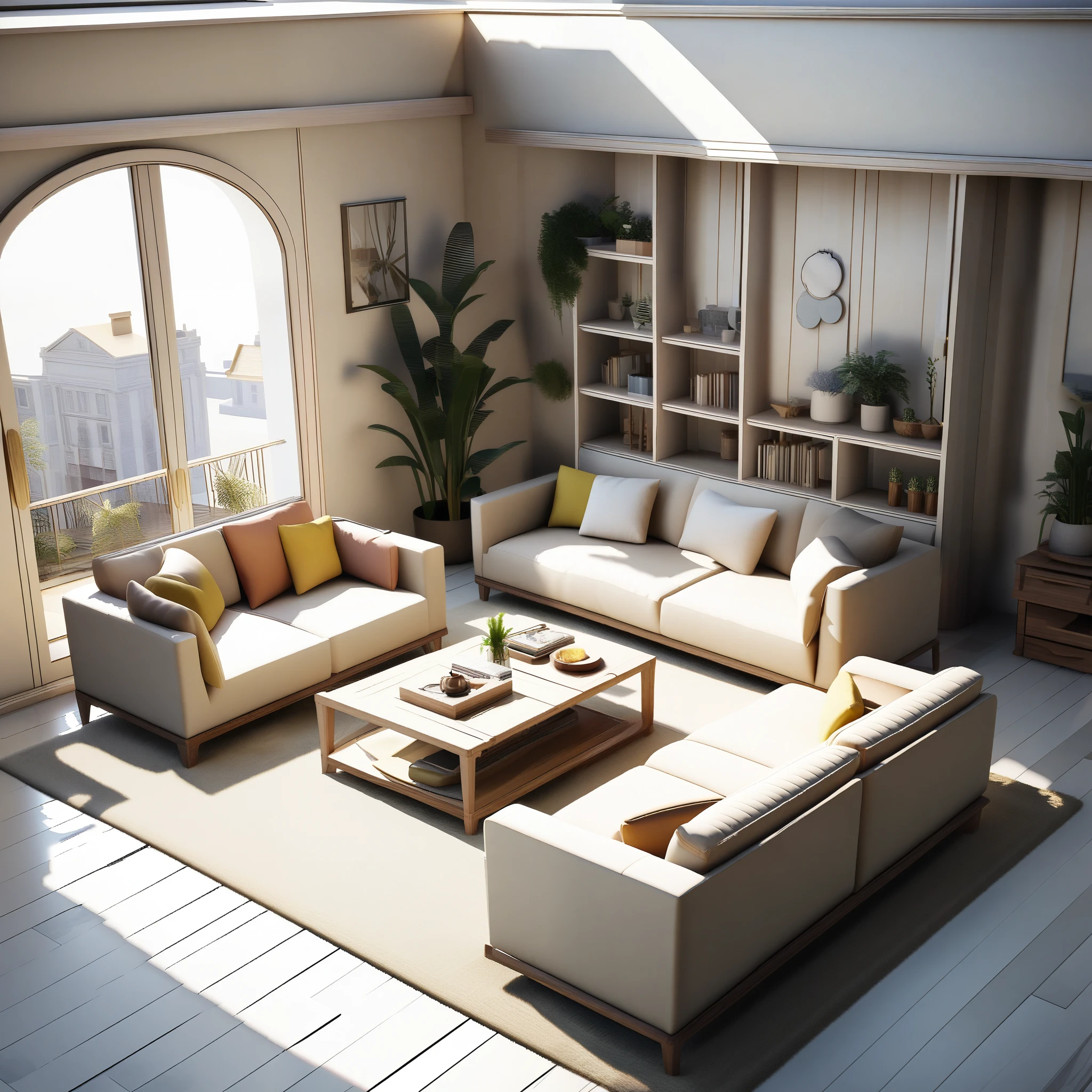 Very detailed dollhouse, cozy bedroom, Cute 3D rendering, Fascinating light and shadow, White and yellow cushion, architecture, furniture, indoor, building, living room, room, rug, plant, Home Decor, sofa, Chair, interior design, 