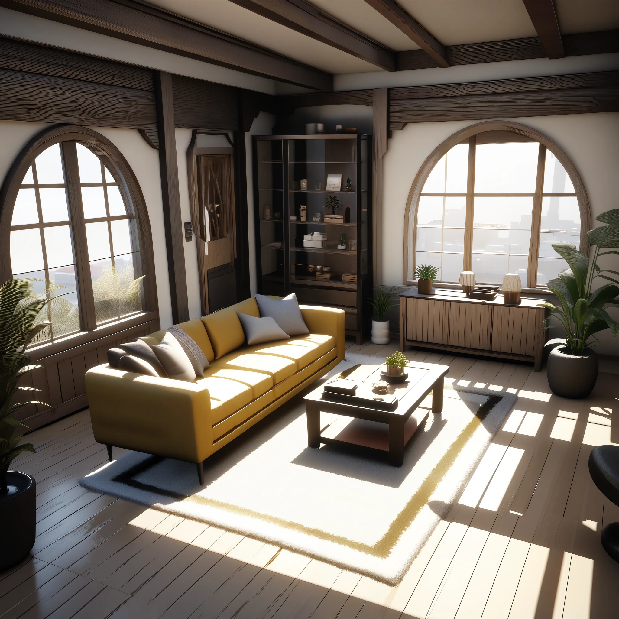 Very detailed dollhouse, cozy bedroom, Cute 3D rendering, Fascinating light and shadow, White and yellow cushion, architecture, furniture, indoor, building, living room, room, rug, plant, Home Decor, sofa, Chair, interior design,