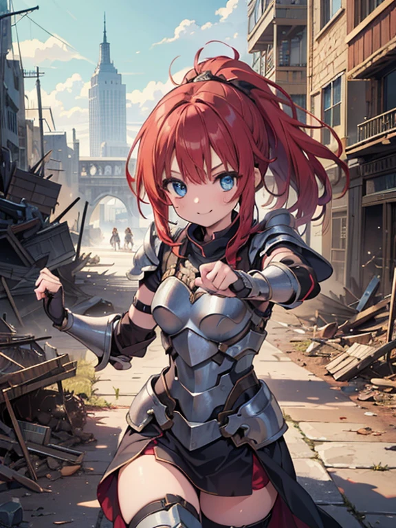 (8k, highest quality, Tabletop:1.2)、Ultra-high resolution、One ****************, Perfect Fingers, Detailed face, smile, blue eyes, Red hair, ponytail,Silver armor, Gauntlet, Iron Leg Guards, In the ruined city, The dust rises, dim, carry a sword on one&#39;s waist, Stand with your hands on your hips