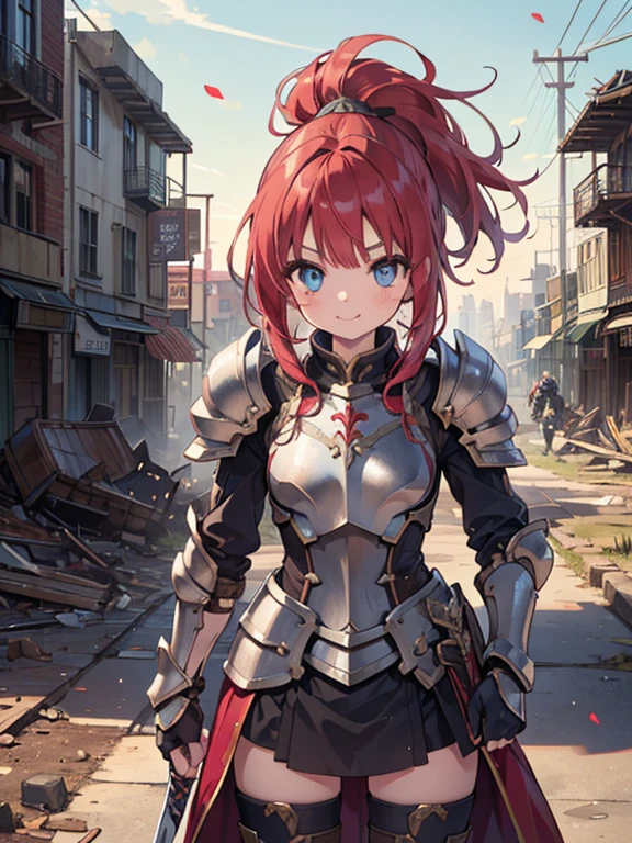 (8k, highest quality, Tabletop:1.2)、Ultra-high resolution、One 16-year-old girl, Perfect Fingers, Detailed face, smile, blue eyes, Red hair, ponytail,Silver armor, Gauntlet, Iron Leg Guards, In the ruined city, The dust rises, dim, carry a sword on one&#39;s waist, Stand with your hands on your hips