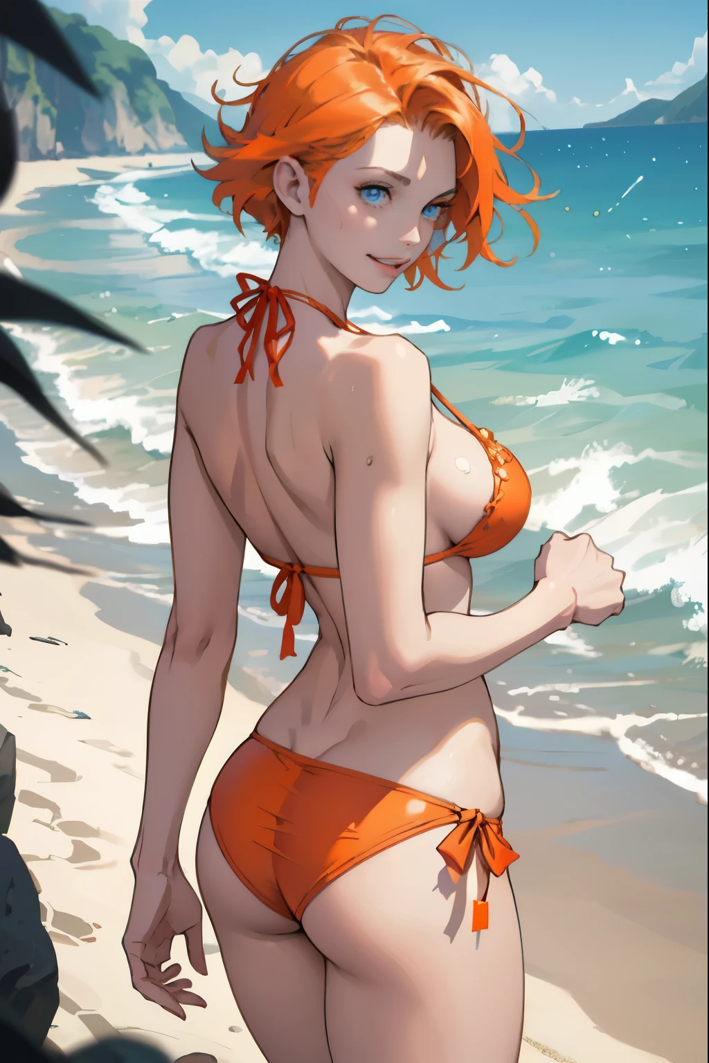 The sea sparkling in the morning sun , (Colorful and sexy girl in orange bikini: 1.2), Dark blue eyes, 1 girl, 20-year-old,Grin,Big ample breasts,Slender,,(Realistic), (Intricate details: 1.2), (Tabletop: 1.3), (highest quality: 1.4), (超A high resolution: 1.2), 超A high resolution, (Fine grain), (Detailed face), 8K resolution, Beautiful legs,Beautiful Hands,Look at the viewers,Dynamic Pose,Low angle,looked back