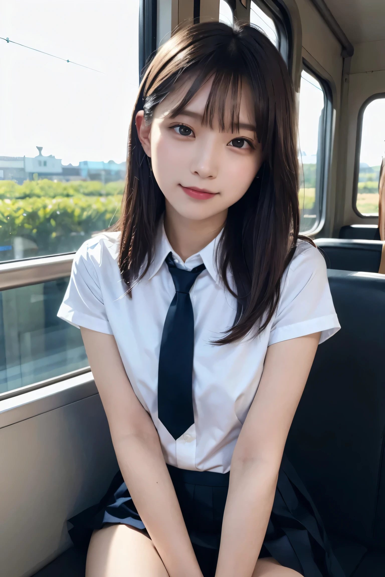 (masterpiece, highest quality:1.2), 8k, 15 years, 85mm, Official Art, RAW Photos, Absurd, White dress shirt, Pretty face, close, Upper Body, Violet, Gardenias, beautiful girl, , (Navy Pleated Skirt:1.1), Squeeze the waist, Thighs, Short sleeve, in the train, Sitting on a bench seat, View Viewer, No makeup, (smile:0.4), Film Grain, chromatic aberration, Sharp focus, Face Light, Bright lighting, Teen, Detailed face, Bokeh Background, (Dark red tie:1.1)