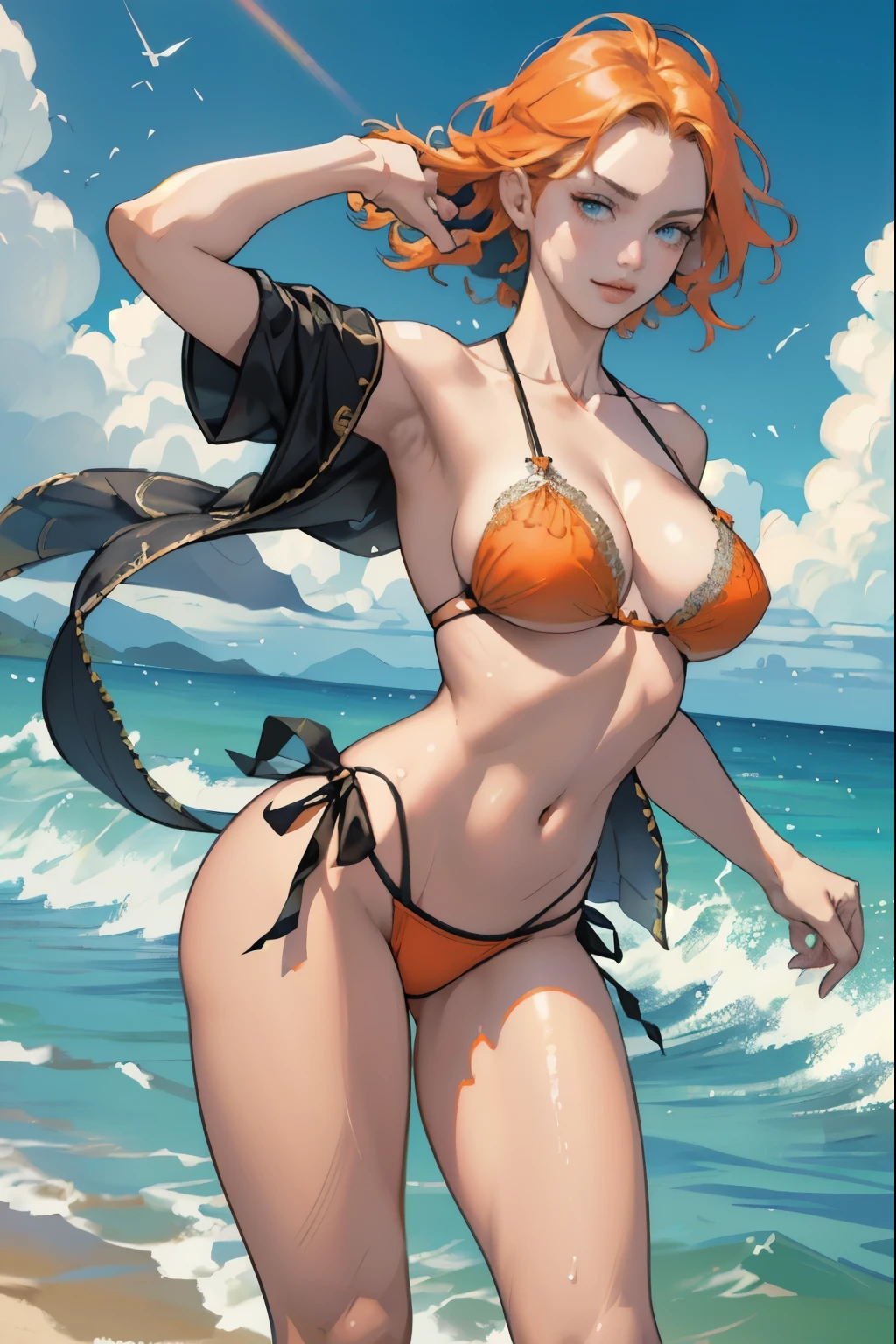 The sea sparkling in the morning sun , (Colorful and sexy girl in orange bikini: 1.2), Dark blue eyes, 1 girl, 20-year-old,Grin,Big ample breasts,Slender,,(Realistic), (Intricate details: 1.2), (Tabletop: 1.3), (highest quality: 1.4), (超A high resolution: 1.2), 超A high resolution, (Fine grain), (Detailed face), 8K resolution, Beautiful legs,Beautiful Hands,Look at the viewers,Dynamic Pose,Low angle,looked back