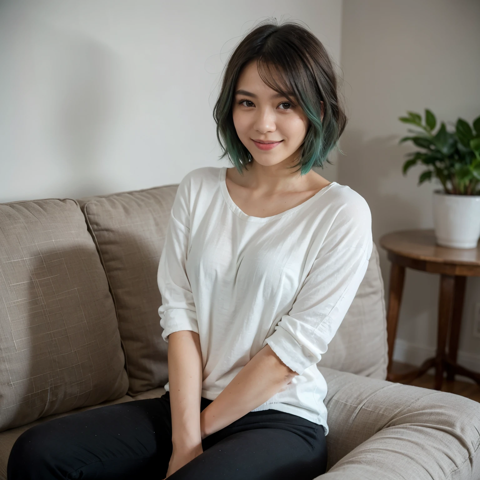 A stunningly cute 26-year-old Asian woman with smooth, glowing skin, short, teal green hair cut in a stylish bob, and sparkling brown eyes. She is at home, comfortably sitting on a cozy couch, wearing a chic white shirt and black pants that complement her vibrant hair color. Her smile is warm and inviting, exuding youthful energy and charm. The background includes a warm and inviting home interior with soft lighting, tasteful decor, and a relaxed, cozy atmosphere