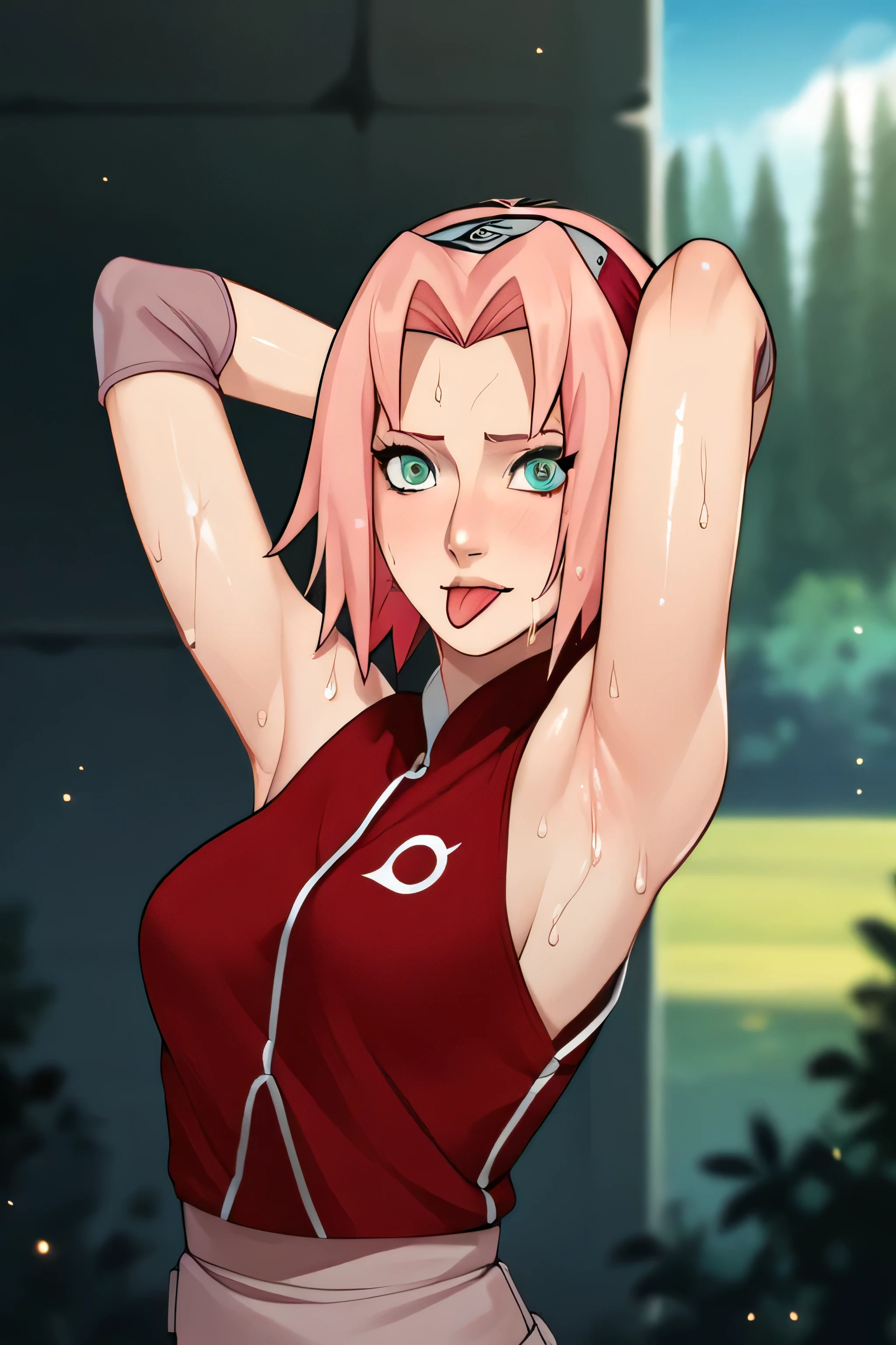 score_9,score_8_up,score_7_up,score_6_up,score_5_up,score_4_up BREAK skinny,choker,medium breasts,detached sleeves,outdoors,forest,shiny skin,bokeh,bloom,indoors,light particles,castle,space,1girl,haruno sakura,pink hair,short,hair,green eyes,forehead protector,,sleeveless,arms behind head,armpit,armpits,sweaty,sweat,arms behind head,exhausted,sleeveless,cross eyed,sweaty armpits,eyes crossed,cross eyed,eyeroll,tongue out,protruded tongue,showing tongue,tongue