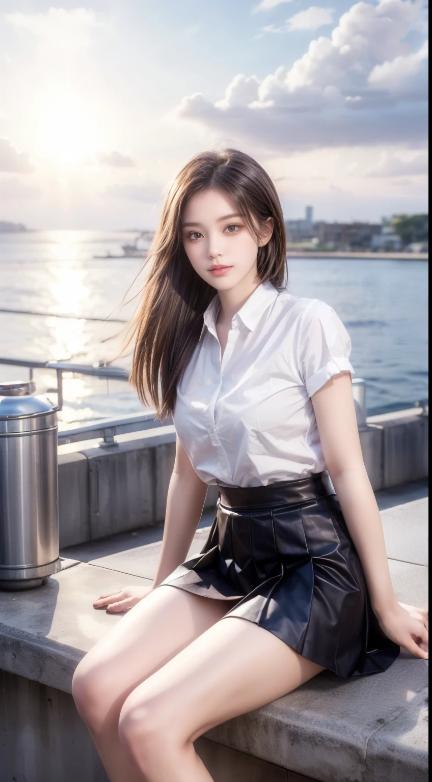 (highest quality, High resolution, masterpiece :1.3), (Shooting from below), Beautiful girl, Orange sunset sky, Sun and clouds with ocean in the background, Cute girl in . Short Bob. Short pleated skirt, Blushing, looking at the camera, Dynamic photography,Intelligent face,Bold Pose.Sitting on the embankment
