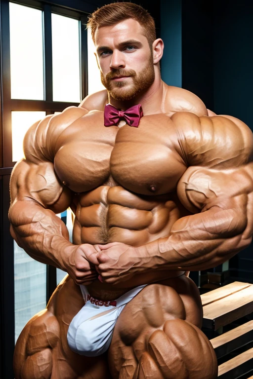 (1boy), (soft smile), tan skin, (natural daylight:1.3), (muscular:1.7), (defined muscles:1.5), (beautiful:1.5), (handsome:1.4), (gorgeous:1.3), (ginger:1.0), flexed chest, white jockstrap, bowtie, (good face:1.5), (male model:1.3), dimly lit, dark studio, beefy, bulky, Face of Josh Hutcherson on a matured man with a beard, crossing arms, arms crossed, rippling chest