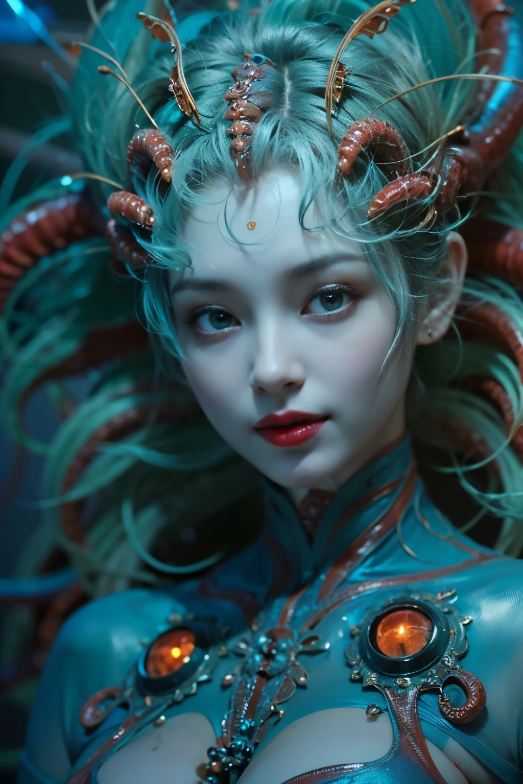 scary and sexy detailed art in color, Portrait, (beautiful and obscene female alien:1.4), (vulgarity1.5), (she has red eyes with no pupils:1.8), (Translucent skin:1.7), (There is a female genital-like organ in the middle of the forehead:1.9), (The most beautiful face in the history of the universe:1.2),an evil gaze that seduces, (large mouth:1.1), (sharp teeth like a vampire:1.2), Full body portrait, (bio luminescent:1.5), (Smile wickedly:1.3), (sexypose:1.5), alien, No humans, cells are fused, (Lots of translucent tentacles:1.3) extraterrestrial, cell, bio image, best quality, 8K,In 4K_quality, High freshness, Dramatic Lighting, masutepiece:1.5,cinematic quality, detail up, (exquisite details:1.2), high resolution, High freshness, drawing faithfully, (Thick eyebrows:1.2), Beautiful eyes with fine symmetry,(Highly detailed face and eyes:1.2), Intimate face, (Super detailed skin quality feeling:1.4), perfect anatomy, (Beautiful toned body:1.5), (Moist skin:1.2), not wearing makeup, (dark circles:1.1), long canines, cinematic drawing of characters, ultra high quality model, cinematic quality, detail up, (exquisite details:1.2), high resolution, High freshness, drawing faithfully, official art, Unity 8K Wall , 8K Portrait, best quality, Very high resolution, ultra detailed artistic photography, midnight aura, unreal engine 5, Ultra Sharp Focus, art by Amano Yoshitaka, ArtGerm, Roisch, intricate artwork, best quality, masterpiece, ultra high resolution, (photos realistic:1.4), ultra realistic realism, dream-like, nautilus, Creation of fantasy, Snail, Dream Snail, (biopunk nautilus:1.3),Thrilling color schemes, ultra realistic realism, seductively smiling, Blue tentacles,