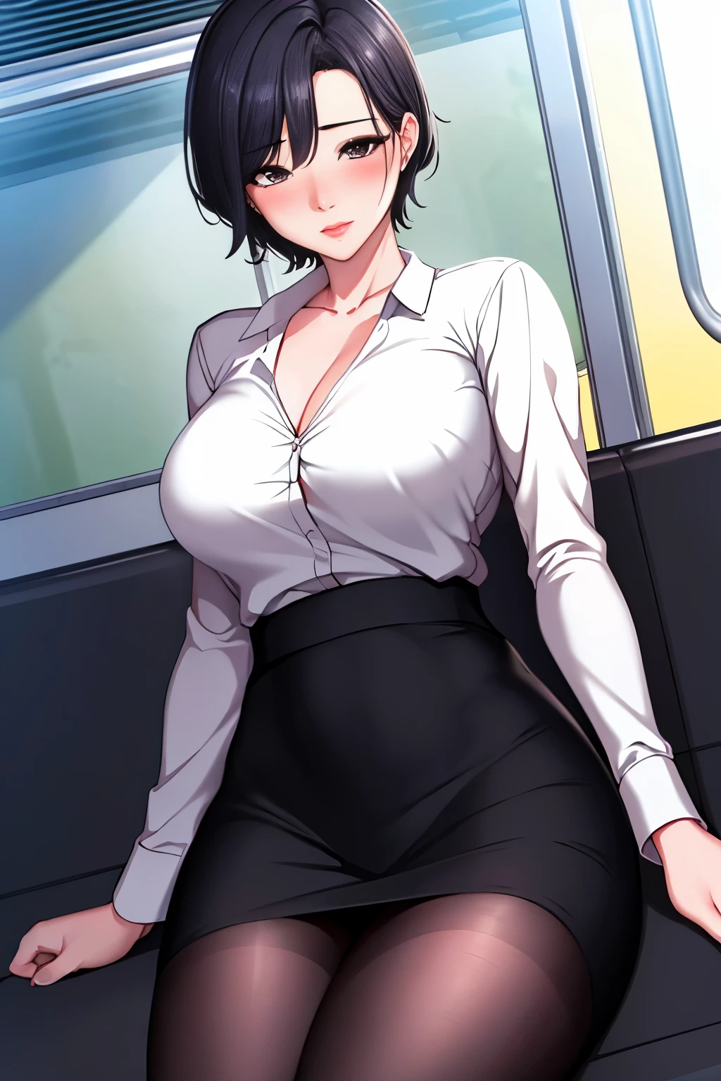 (8k, RAW Photos, highest quality, masterpiece:1.2),1 girl,only,Lady Madura,short hair,Black Hair, old,Neckline,White shirt,Pencil Skirt,Black Pantyhose,Looking at the audience、blush, Drunk、teacher、evening、in the train