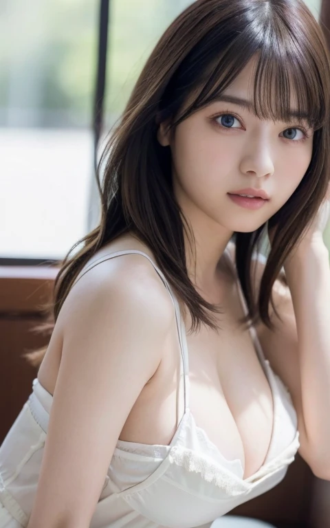 masterpiece, highest quality, 8k, 20th generation, Big Breasts, cute, alone, sad, cute, Girlish, Delicate girl, Pure beauty, RAW Photos, Professional photography, Portraiture, Soft Light, Professional Lighting, Backlight, Upper Body, avert your eyes, Sophisticated, Film Grain, (Eye and facial details:1.0), floating short hair, beautiful, Flowing Hair, bangs, Loose Camisole、(Big Breasts:1.2)、A little bit of cleavage is visible、dolly make、Heterochromia iridis