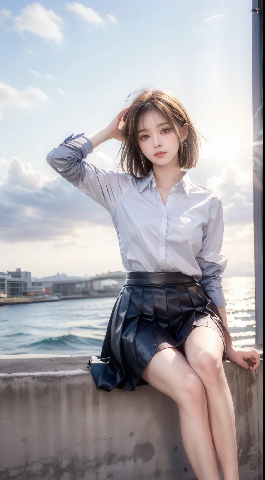 (highest quality, High resolution, masterpiece :1.3), (Shooting from below), Beautiful girl, Orange sunset sky, Sun and clouds with ocean in the background, Cute girl in . Short Bob. Short pleated skirt, Blushing, looking at the camera, Dynamic photography,Intelligent face,Bold Pose.Sitting on the embankment
