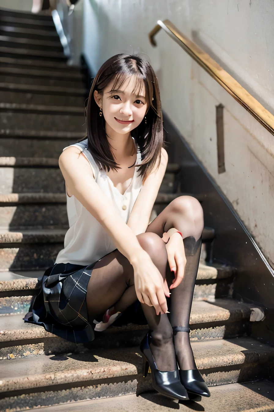 Ulzzang-6500-v1.1, (RAW Photos:1.2), (Realistic), (Genuine:1.4), 1girl、Perfect Anatomy、Sit on the stairs、Full body photo、Looking into the camera、black tights、pumps、Knee-length skirt、Black Hair、smile、Plaid vest、、