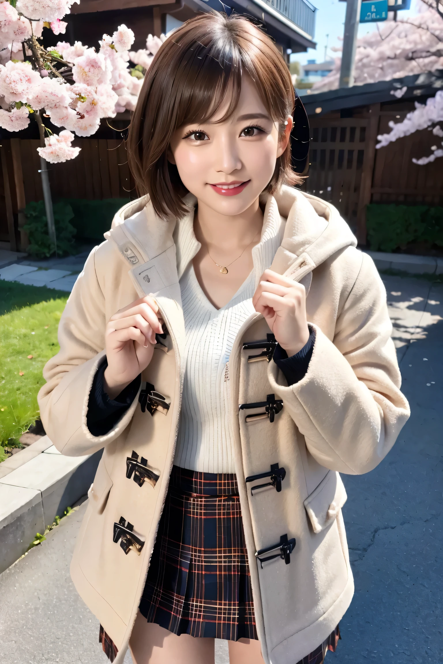 One girl,  coat, Food, Jacket, ((duffle coat)), lips, lipstick, Plaid, Plaid_skirt, Realistic, skirt, alone, Are standing, highest quality, photoRealistic, masterpiece, 8k, High resolution, alone,  (((woman))), (Mid-chest), ((Looking at the audience)), (Looking into the camera), (short hair), (Professional Lighting, Bokeh),View from above, Highly detailed face,  Fashionable and trendy atmosphere, Japan, street, garden, river, cherry blossoms, ((Daytime)), (Portraiture:0.6), seductive smile,  nice, Floating Hair, (Particles of light, Lens flare, Glowing particles:0.6), (Dynamic pose:1.2), Soft lighting, Brown Hair,  whole body, Thin face, smile,  Visible mole under the eye, 