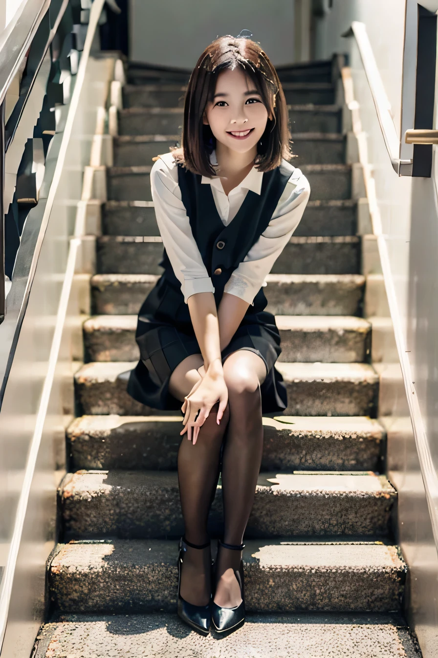 Ulzzang-6500-v1.1, (RAW Photos:1.2), (Realistic), (Genuine:1.4), １girl、Perfect Anatomy、Sit on the stairs、Full body photo、Looking into the camera、black tights、pumps、Knee-length skirt、Black Hair、smile、Plaid vest、、
