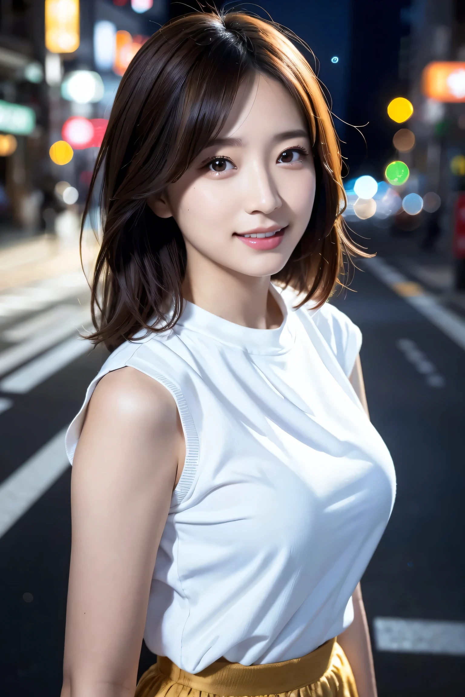(Skin wounds:1.2), (Skin dents), black eye, 1woman, Age 25, (((woman))), alone, Realistic, highest quality, photoRealistic, masterpiece, 8k, High resolution, alone, Highly detailed face, (Professional Lighting, Bokeh), (Particles of light, Lens flare, Glowing particles:0.6), (Dynamic pose:1.2), Soft lighting, View from above, Fashionable and trendy atmosphere, Japan, street, Tokyo, city, ((Daytime)), null, ((Looking at the audience:1)), (Looking into the camera),(Portraiture:0.6), Cowboy Shot, nice, Are standing, Maintain the original face proportions, Broad shoulders, whole body, (Small breasts), (Medium Hair), Brown Hair, Floating Hair, lips, lipstick, seductive smile, Floating Hair, smile, Open_mouth, teeth, (White blouse without sleeves), (Jumper skirt), eyelash, Mole, (Mole under eye:1),