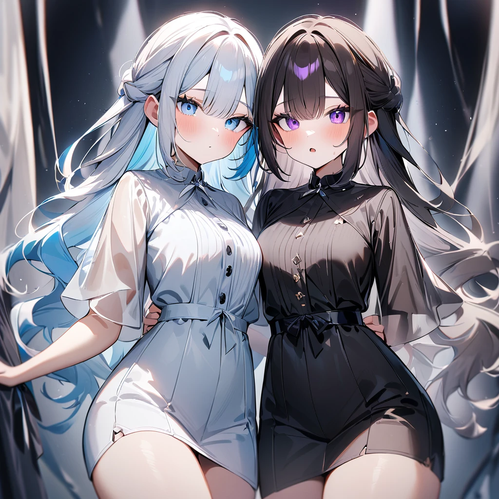 {{2girls}},masterpiece,best quality,very aesthetic,absurdres,cowboy shot,lightcolor,darkcolor,light hair,dark hair,White hair,light blue hair,light blue eyes,Lovely,🏩,translucent hair,dark purple eyes