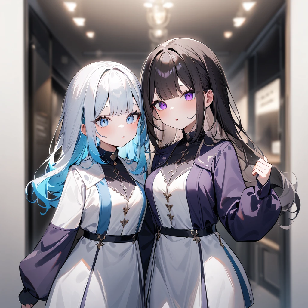 {{2girls}},masterpiece,best quality,very aesthetic,absurdres,cowboy shot,lightcolor,darkcolor,light hair,dark hair,White hair,light blue hair,light blue eyes,Lovely,🏩,translucent hair,dark purple eyes