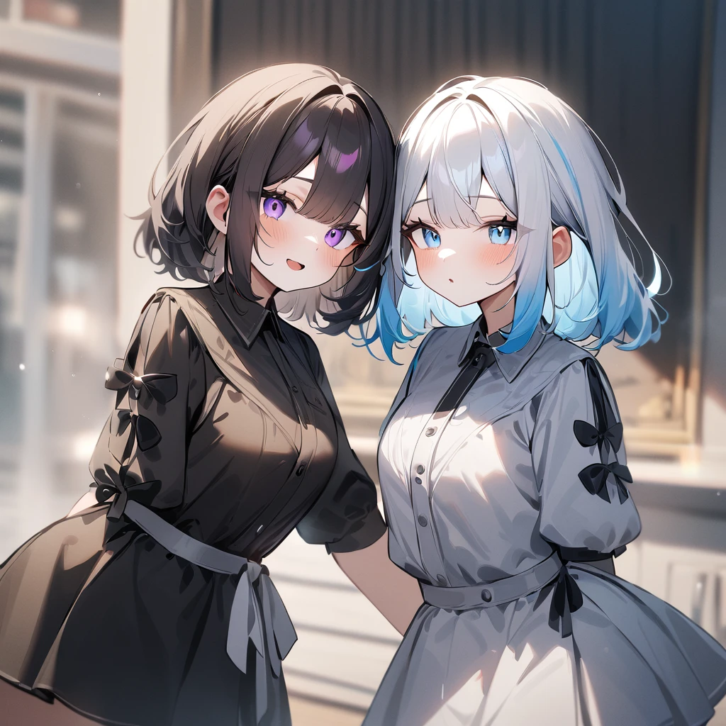 {{2girls}},masterpiece,best quality,very aesthetic,absurdres,cowboy shot,lightcolor,darkcolor,light hair,dark hair,White hair,light blue hair,light blue eyes,Lovely,🏩,translucent hair,dark purple eyes