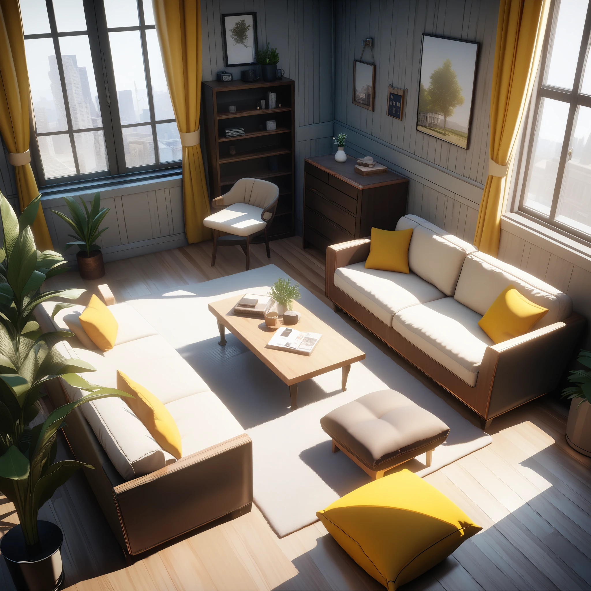32k, best quality, ultra high res, HDR, UHD, extremely detailed CG, unity 32k wallpaper, Very detailed dollhouse, cozy bedroom, Cute 3D rendering, Fascinating light and shadow, White and yellow cushion, architecture, furniture, indoor, building, living room, room, rug, plant, Home Decor, sofa, Chair, interior design,
