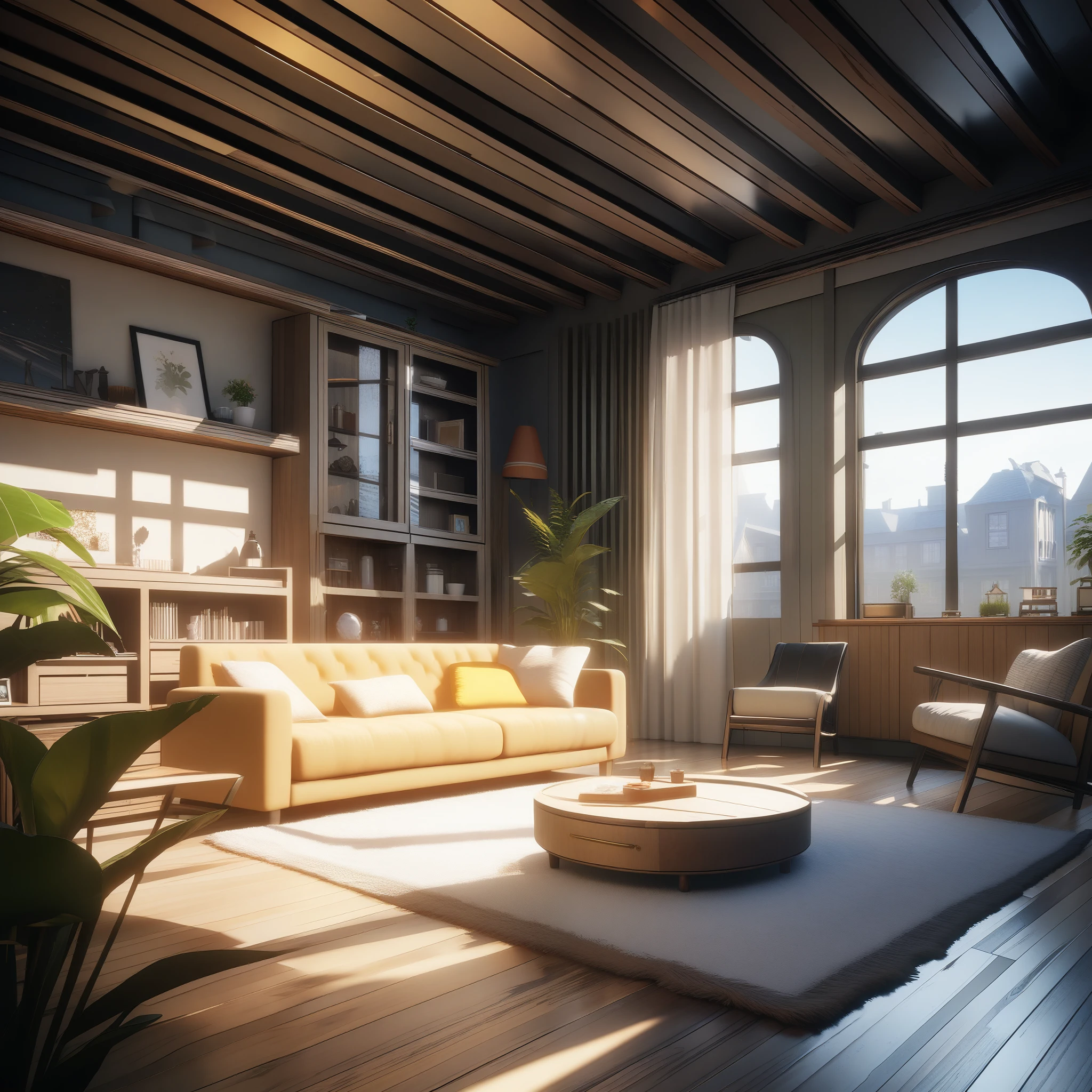 32k, best quality, ultra high res, HDR, UHD, extremely detailed CG, unity 32k wallpaper, Very detailed dollhouse, cozy bedroom, Cute 3D rendering, Fascinating light and shadow, White and yellow cushion, architecture, furniture, indoor, building, living room, room, rug, plant, Home Decor, sofa, Chair, interior design,