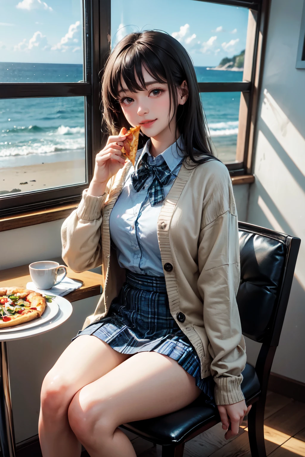 very cute and beautiful girl sitting on chair of cafe,(highly detailed beautiful face and eyes),white blouse,(smile:1.25),happy,(beige cardigan,long sleeve) BREAK zettai ryouiki,black hair,
(blue plaid mini skirt),cups of tea,(pizza on plate),(salad in bowl),window,ocean view,
(best quality,masterpiece),absurdres,highres,ultra-detailed,extremely detailed,32k,8k resolution,
intricate details,cinematic scene,detailed background,solo,dynamic angle,