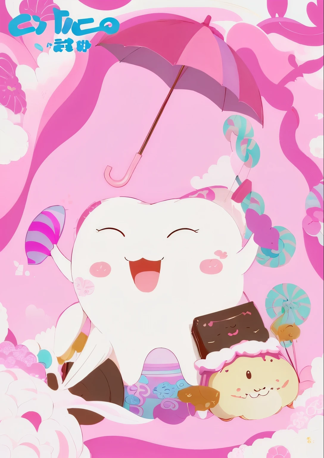 cartoon tooth with umbrella and candy in pink background, Inspired by Wu Ya, Lovely teeth, wallpaper!, Lolish, Happy!!!, Lovely:2, Cute Japanese style, tooth, Kawaii aesthetics, [ Everything floats ]!!!, , Candy Forest, , anime high fructose, [ Concept Art ]!!