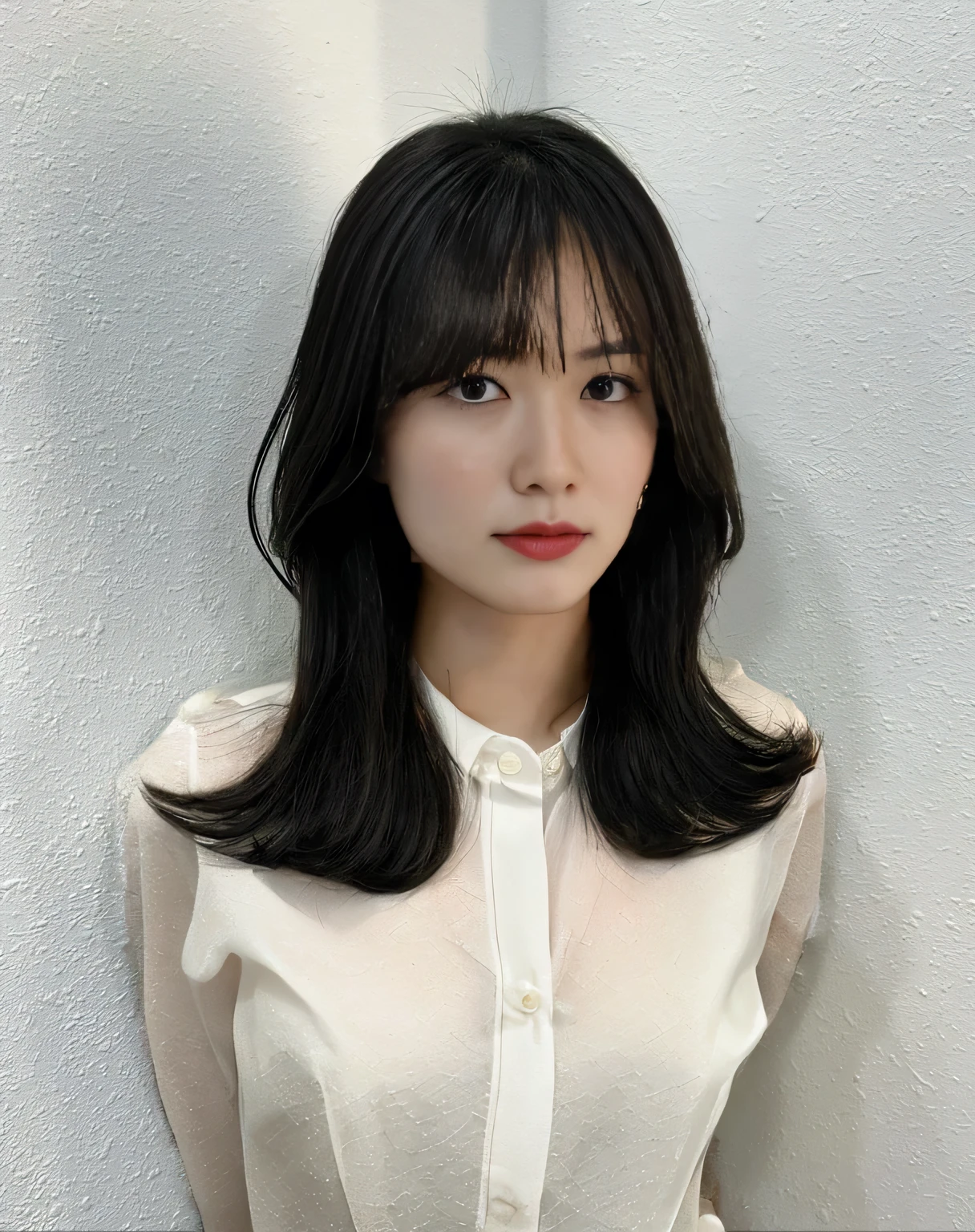 Best Quality, 8k, Masterpiece, (Portrait: 1.3), (photo realistic:1.4), (hyper realistic:1.4), Sharp Focus, looking at viewer, (smoother lighting:1.1), (increase cinematic lighting quality:0.9), realistic lighting, backlighting, light on face, ray trace, (brightening light:1.2), (Increase quality:1.4), sharp detail, (best quality real texture skin:1.4), finely detailed eyes, black_eyes, finely detailed face, 25 year old Korean woman, (white formal_shirt:1.4), (Create an image maintaining the original base model hairstyle:1.5)