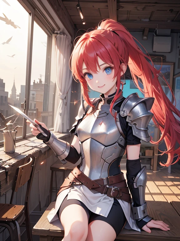 (8k, highest quality, Tabletop:1.2)、Ultra-high resolution、One 16-year-old girl, Perfect Fingers, Detailed face, smile, blue eyes, Red hair, ponytail,Silver armor, Gauntlet, Iron Leg Guards, In the ruined city, The dust rises, dim, carry a sword on one&#39;s waist, Stand with your hands on your hips