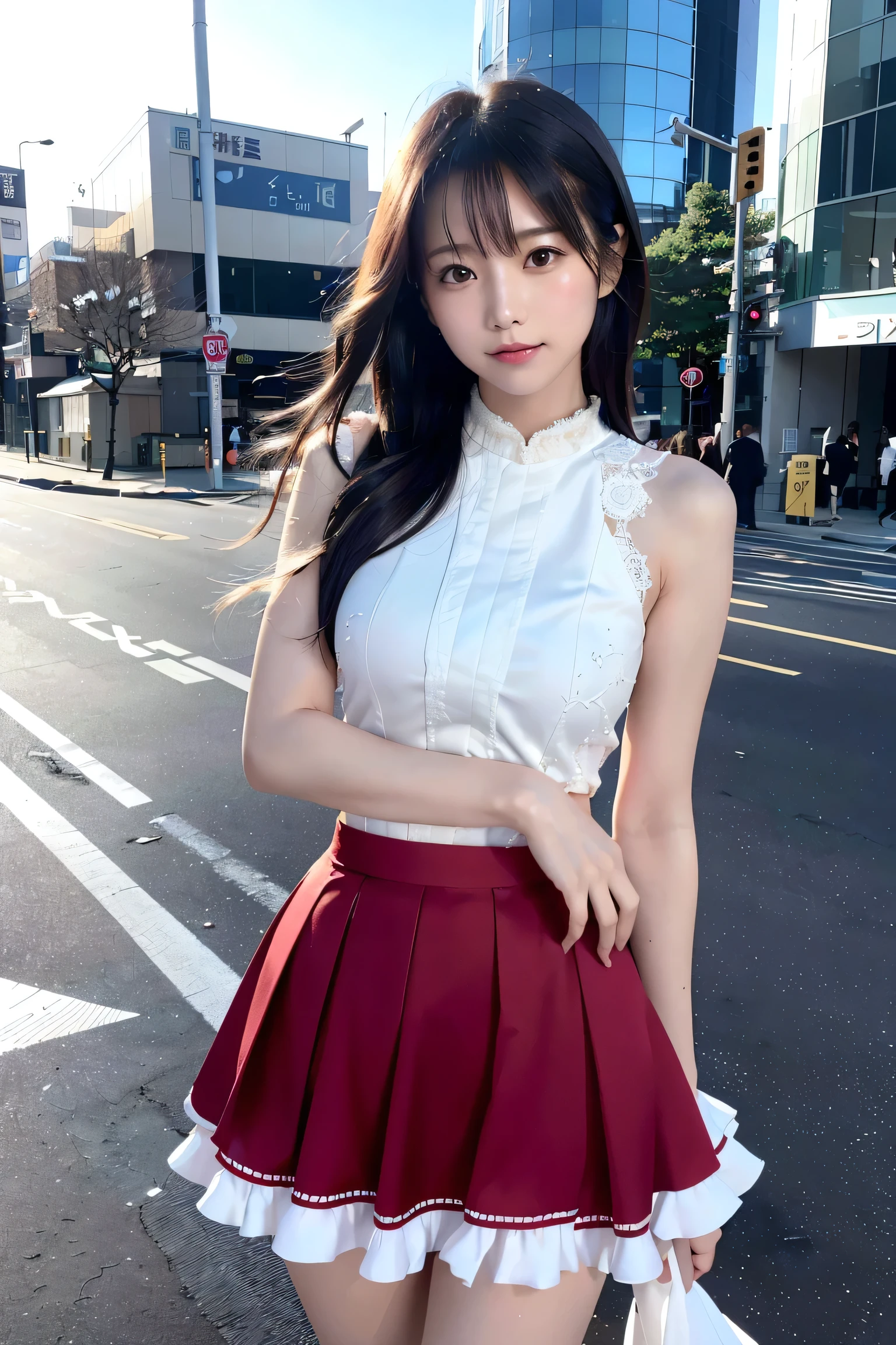 (highest quality, 8k, 32k, masterpiece, Ultra-high resolution:1.2),Beautiful Japanese Women Photos,Medium Hair,(shy:1.2),(smile:0.9),(avert your eyes:1.2),(Beautifully detailed dress, flare skirt:1.3),(panties:0.7),(Wind power increase), whole body,the wind is strong,crowd,pedestrian crossing,stood,(Blurred Background), (the wind is strong:1.2)